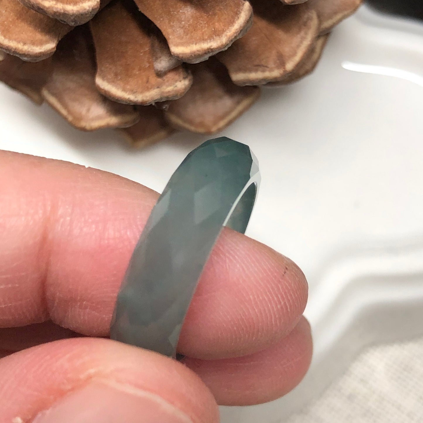 Certified Grade A Jadeite Jade Icy Lake Green Carved Band Ring 16mm