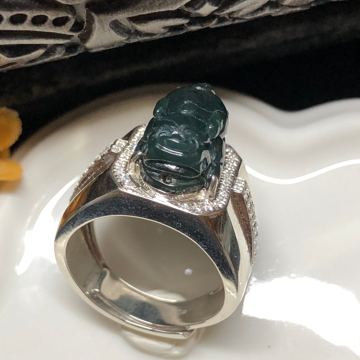 Mens Ring Pixiu Blue Green Grade A Jadeite Jade Green Adjustable Size 925 Sterling Silver