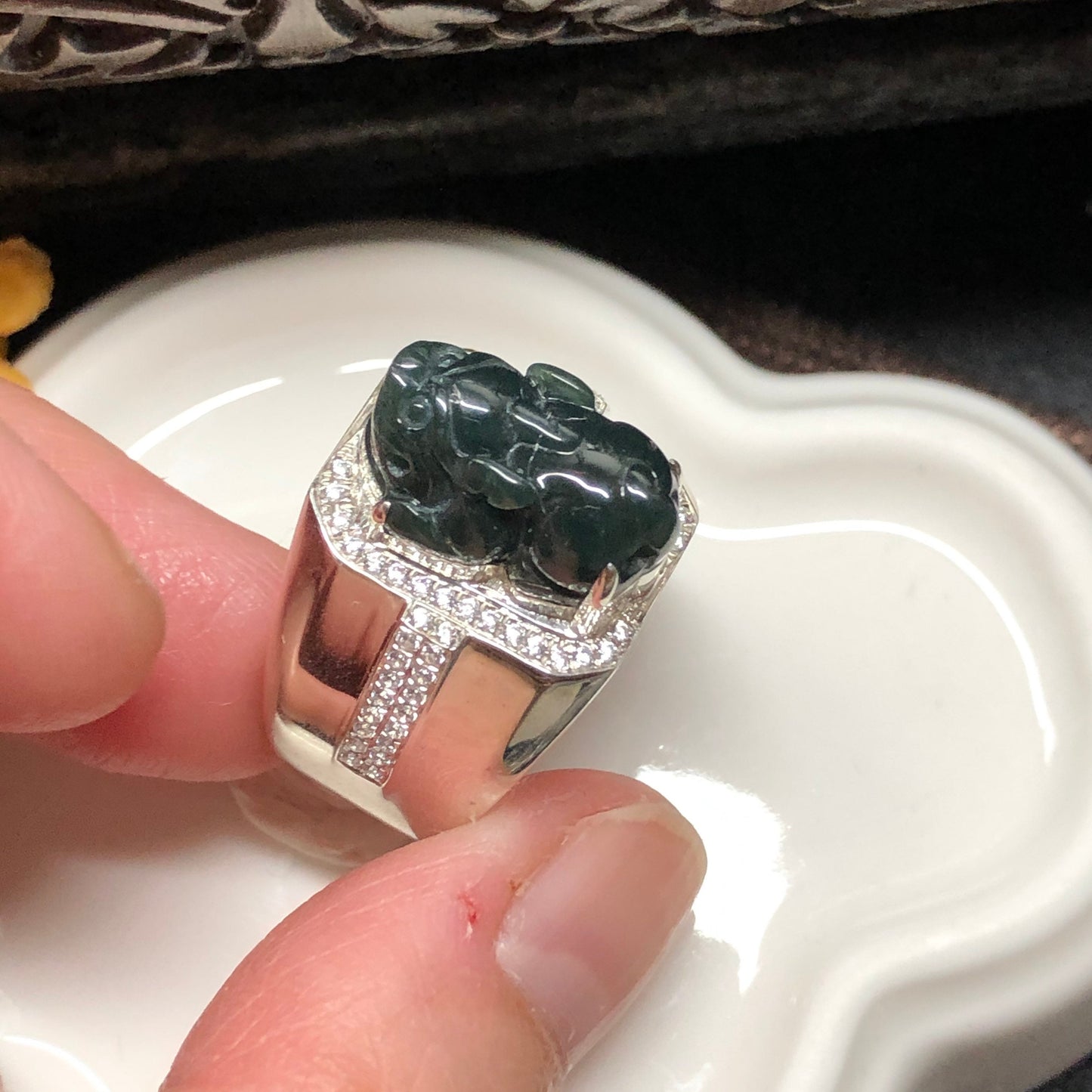 Mens Ring Pixiu Blue Green Grade A Jadeite Jade Green Adjustable Size 925 Sterling Silver