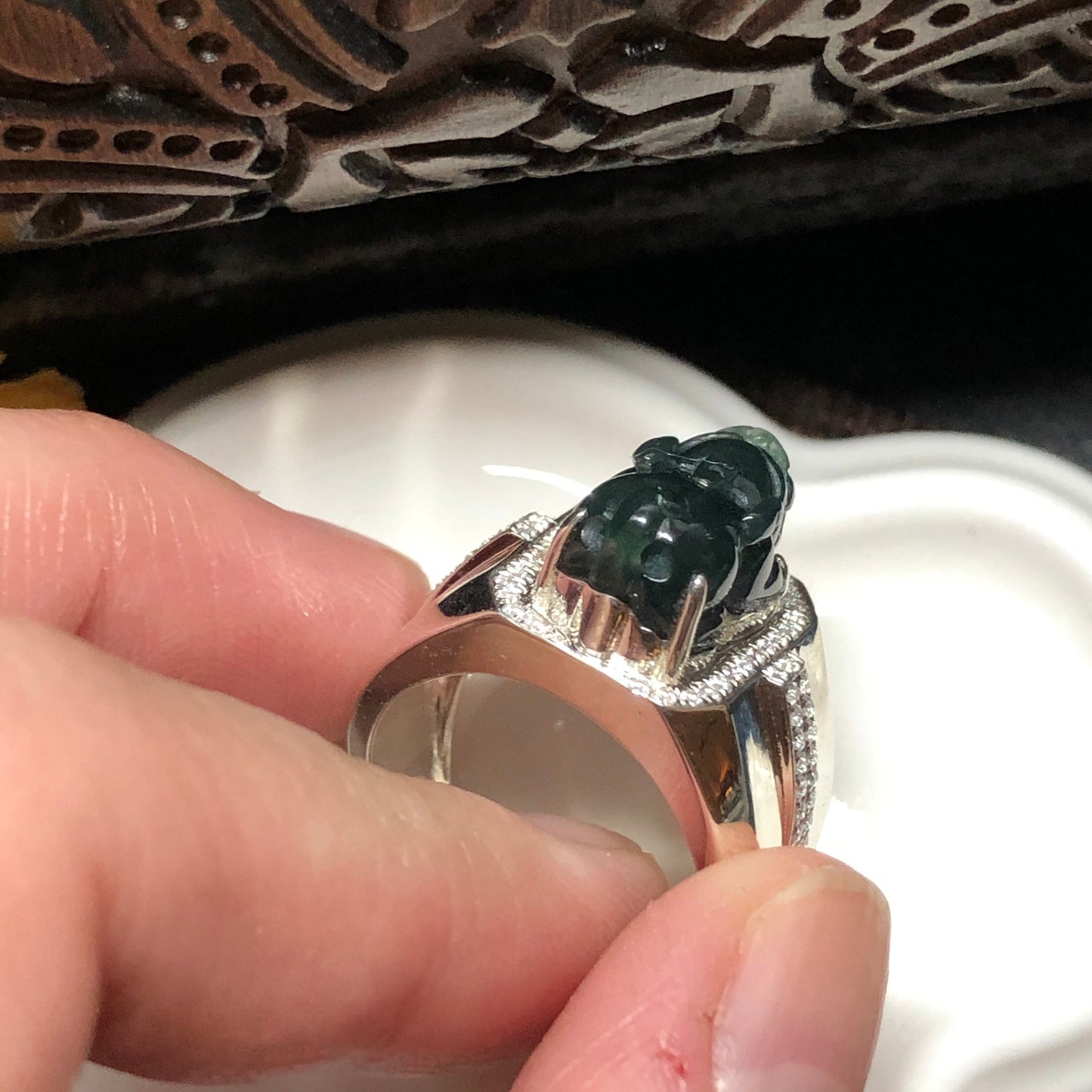 Mens Ring Pixiu Blue Green Grade A Jadeite Jade Green Adjustable Size 925 Sterling Silver