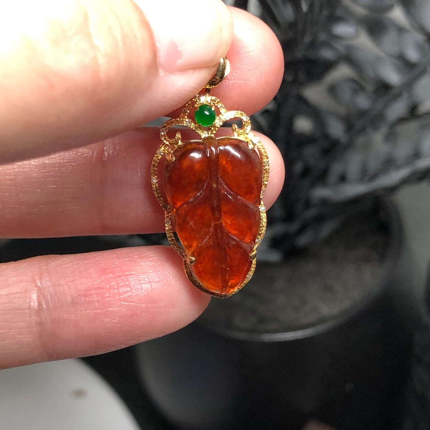 RESERVED: Certified Myanmar Grade A Red Brown Leaf Jadeite Jade Pendant