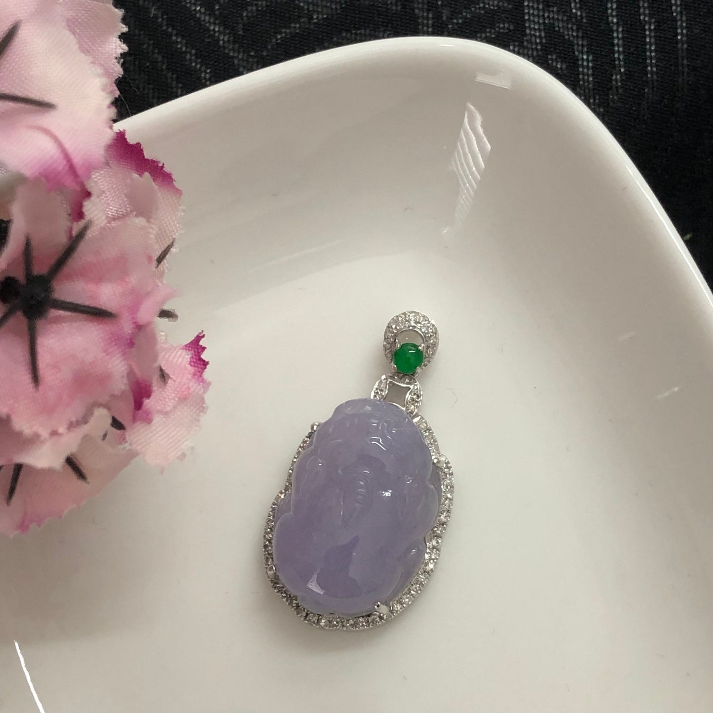 RESERVED: Grade A Icy Lavendar Jadeite Jade Carved Pixiu Pendant set on 18K white gold