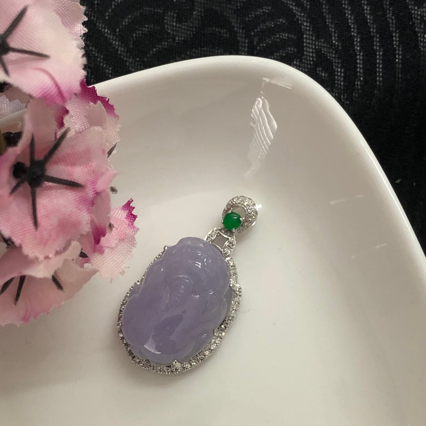 RESERVED: Grade A Icy Lavendar Jadeite Jade Carved Pixiu Pendant set on 18K white gold