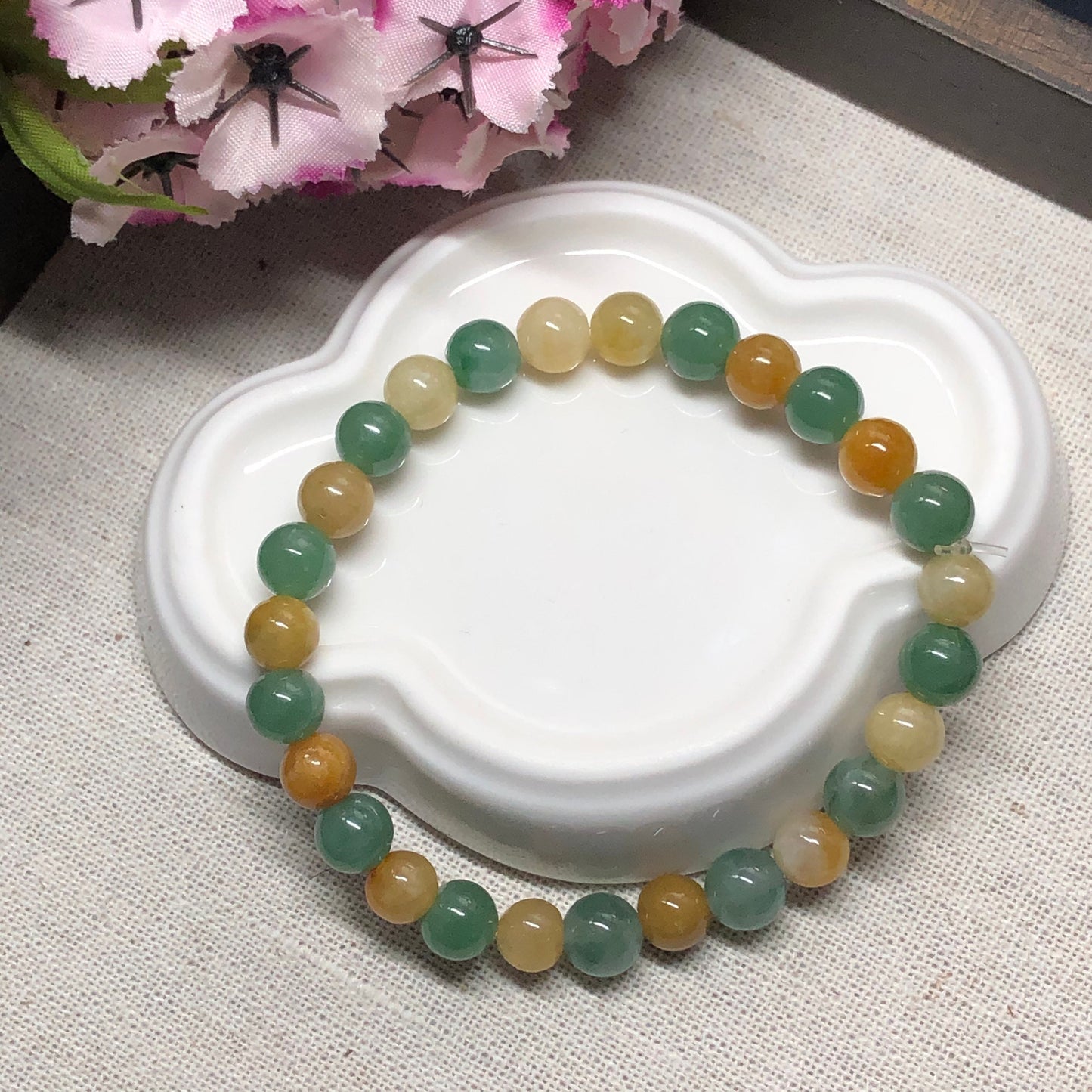 7.2mm Grade A Assorted Green Yellow Brown Jadeite Jade Bead Bracelet 7.2mm x 27pcs