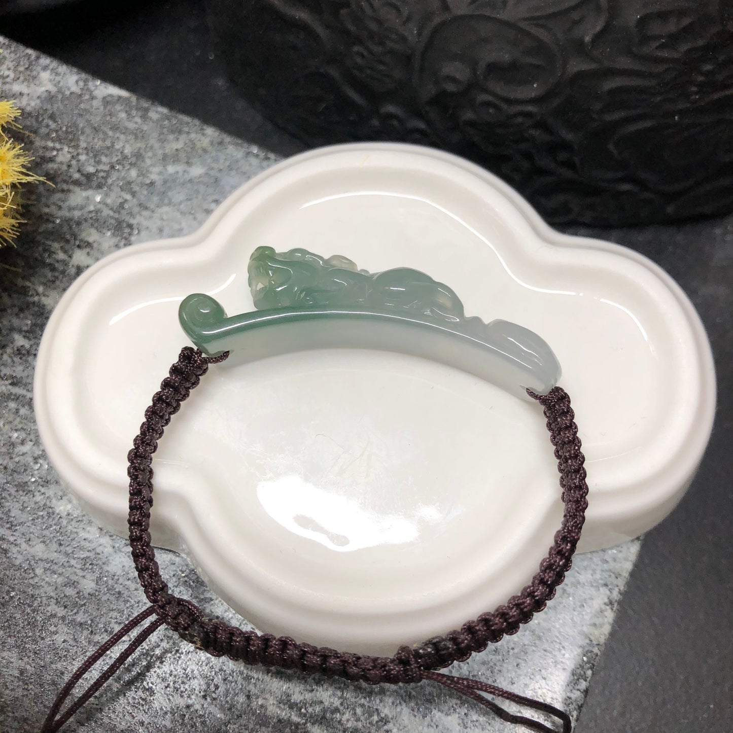 45.4 mm Grade A carved Green Pixiu Jade Jadeite Bracelet tie knot bracelet One Size