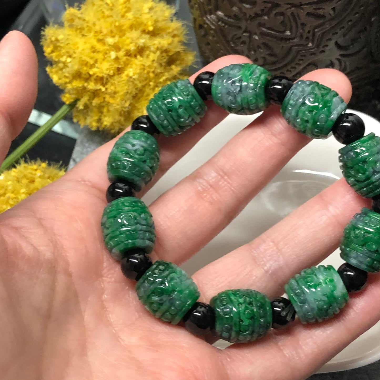 Reserved: 13mm Grade A Carved Wuji Green Jadeite Jade Bead Bracelet 13mm x 10 beads