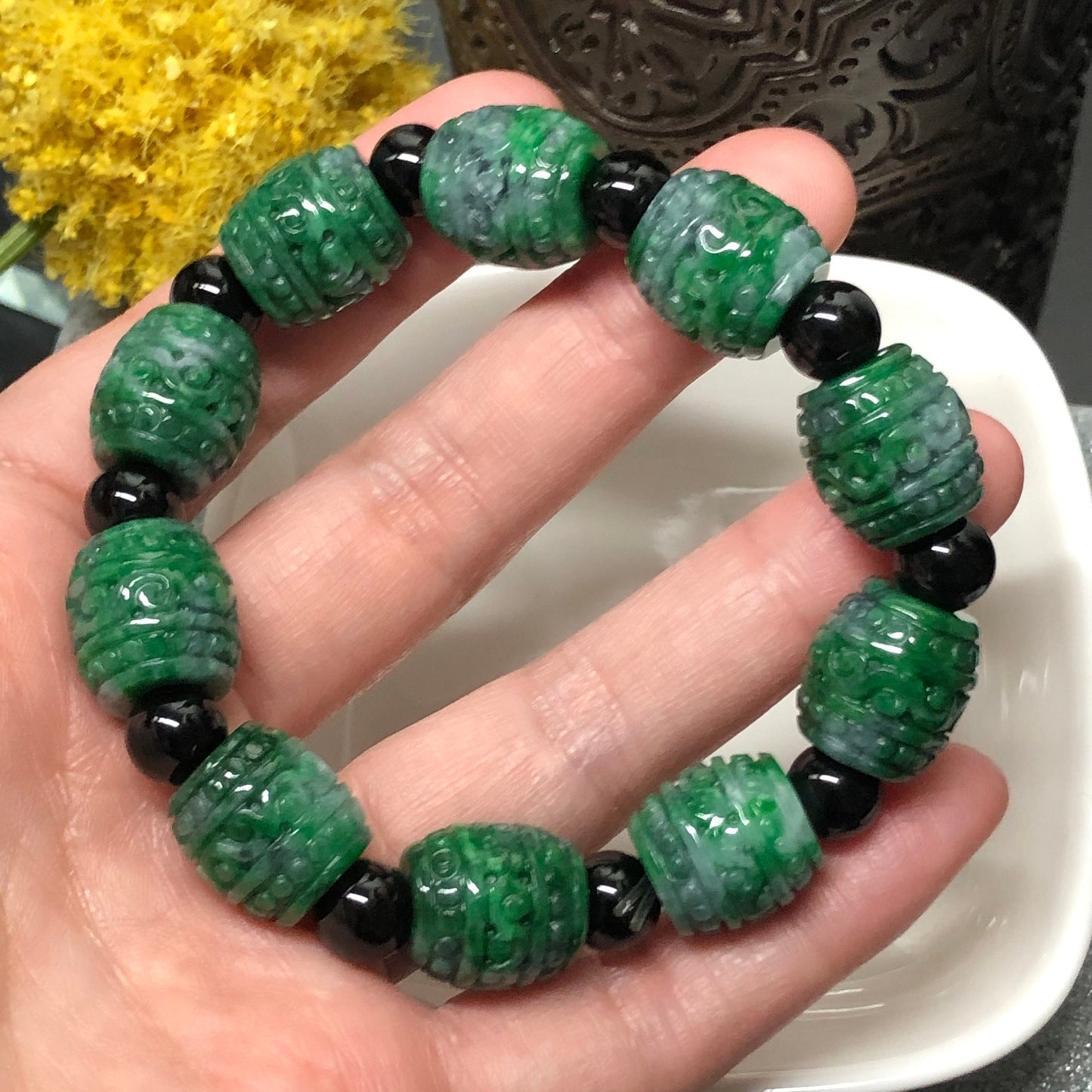 Reserved: 13mm Grade A Carved Wuji Green Jadeite Jade Bead Bracelet 13mm x 10 beads