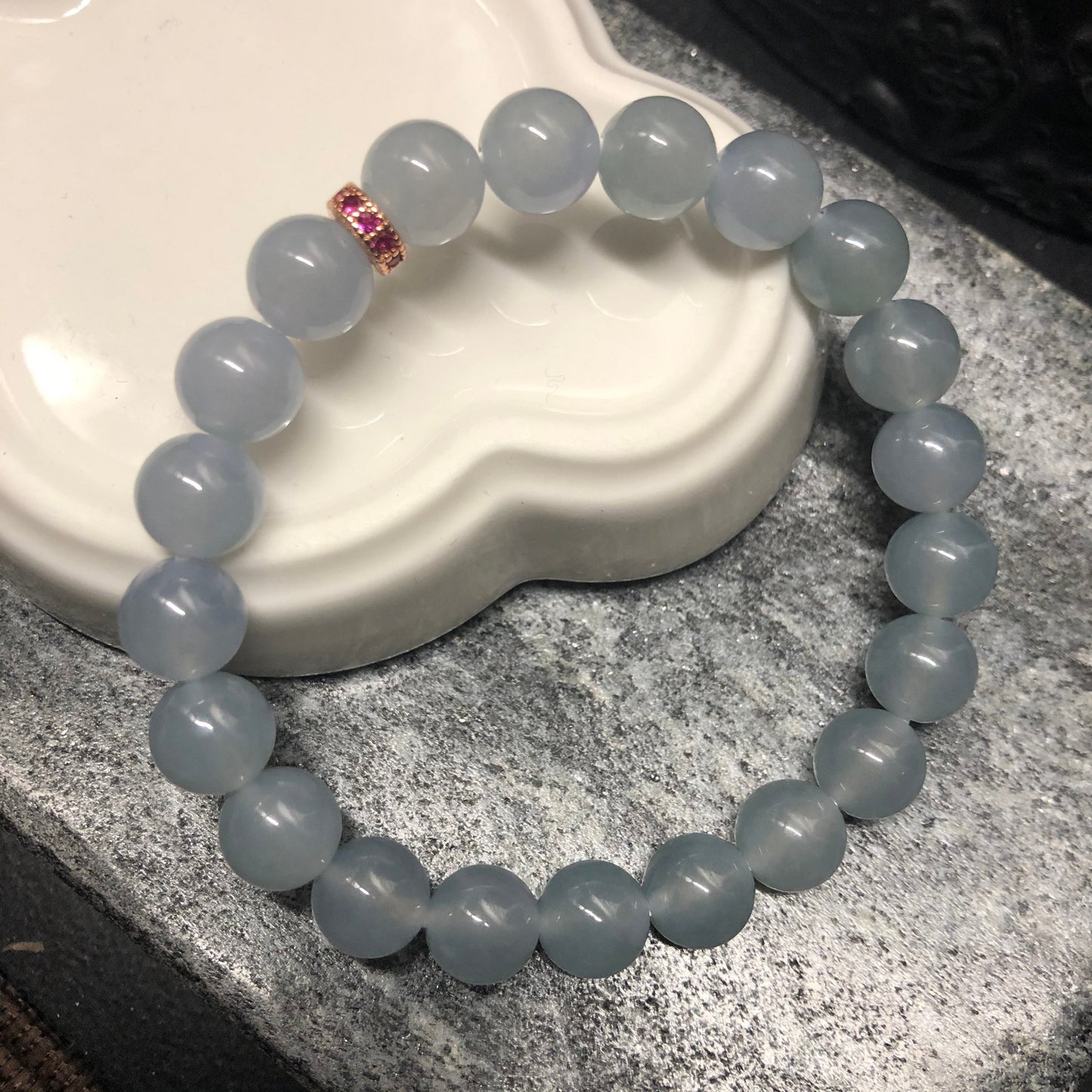 Reserved: 8.5 mm Grade A Icy Glossy Sky Blue Jadeite Jade Bead Bracelet 8.5