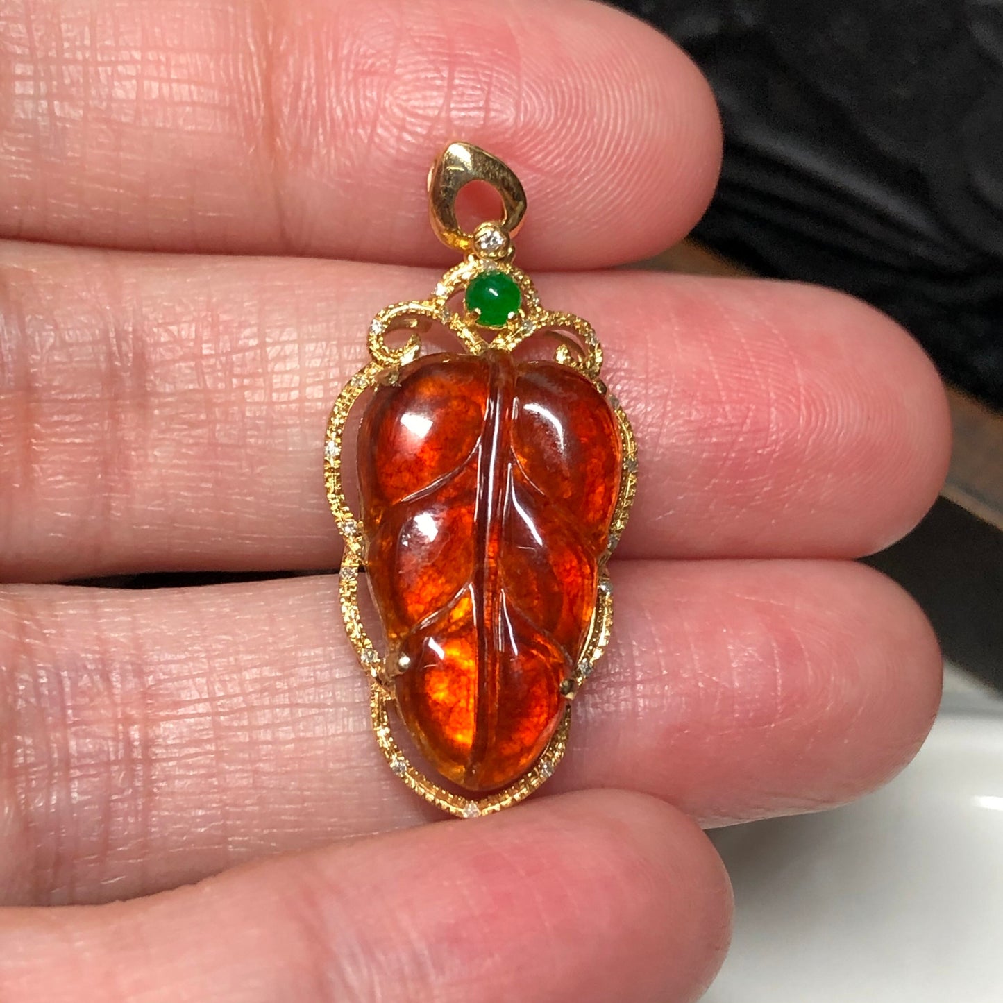 RESERVED: Certified Myanmar Grade A Red Brown Leaf Jadeite Jade Pendant