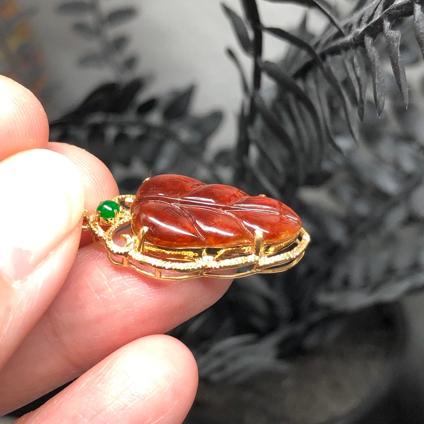 RESERVED: Certified Myanmar Grade A Red Brown Leaf Jadeite Jade Pendant