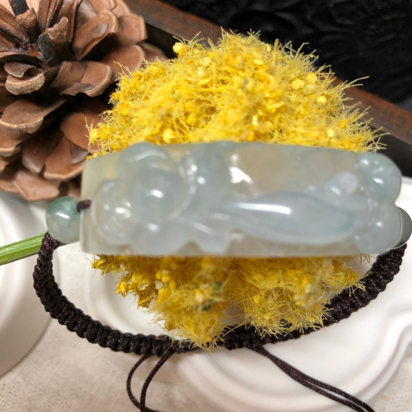 SALE: 45.4 mm Grade A carved Sky Blue Flower Jade Jadeite Bracelet tie knot bracelet One Size