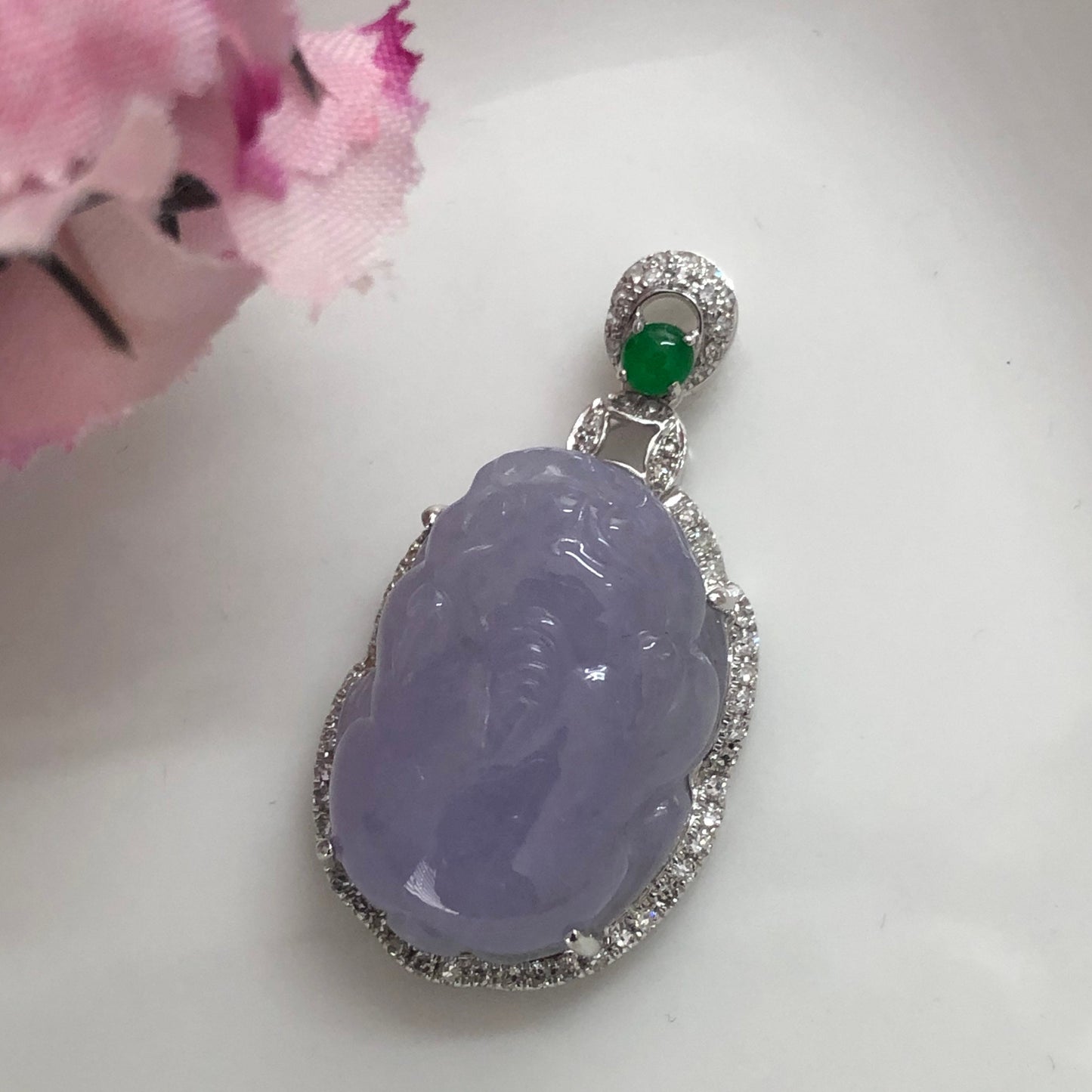 RESERVED: Grade A Icy Lavendar Jadeite Jade Carved Pixiu Pendant set on 18K white gold