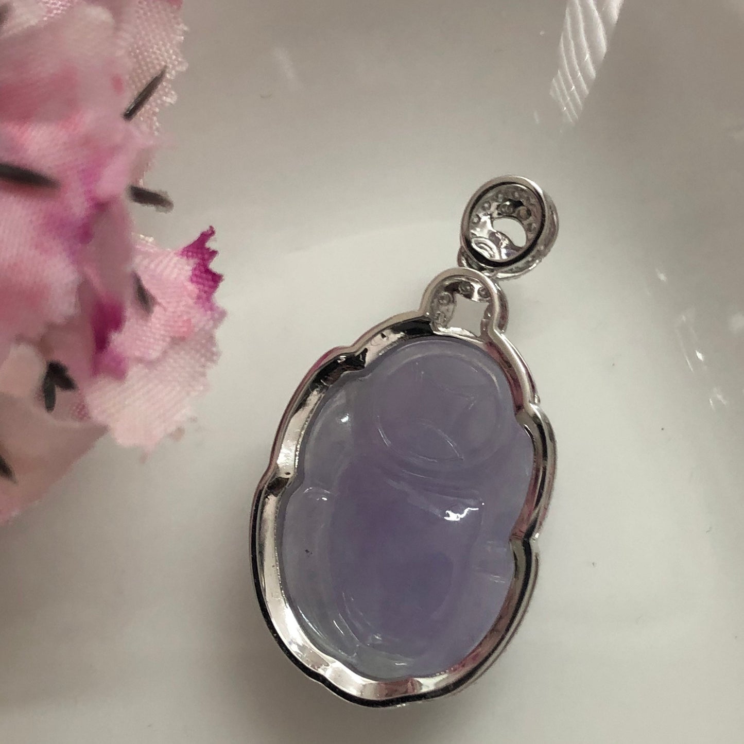 RESERVED: Grade A Icy Lavendar Jadeite Jade Carved Pixiu Pendant set on 18K white gold