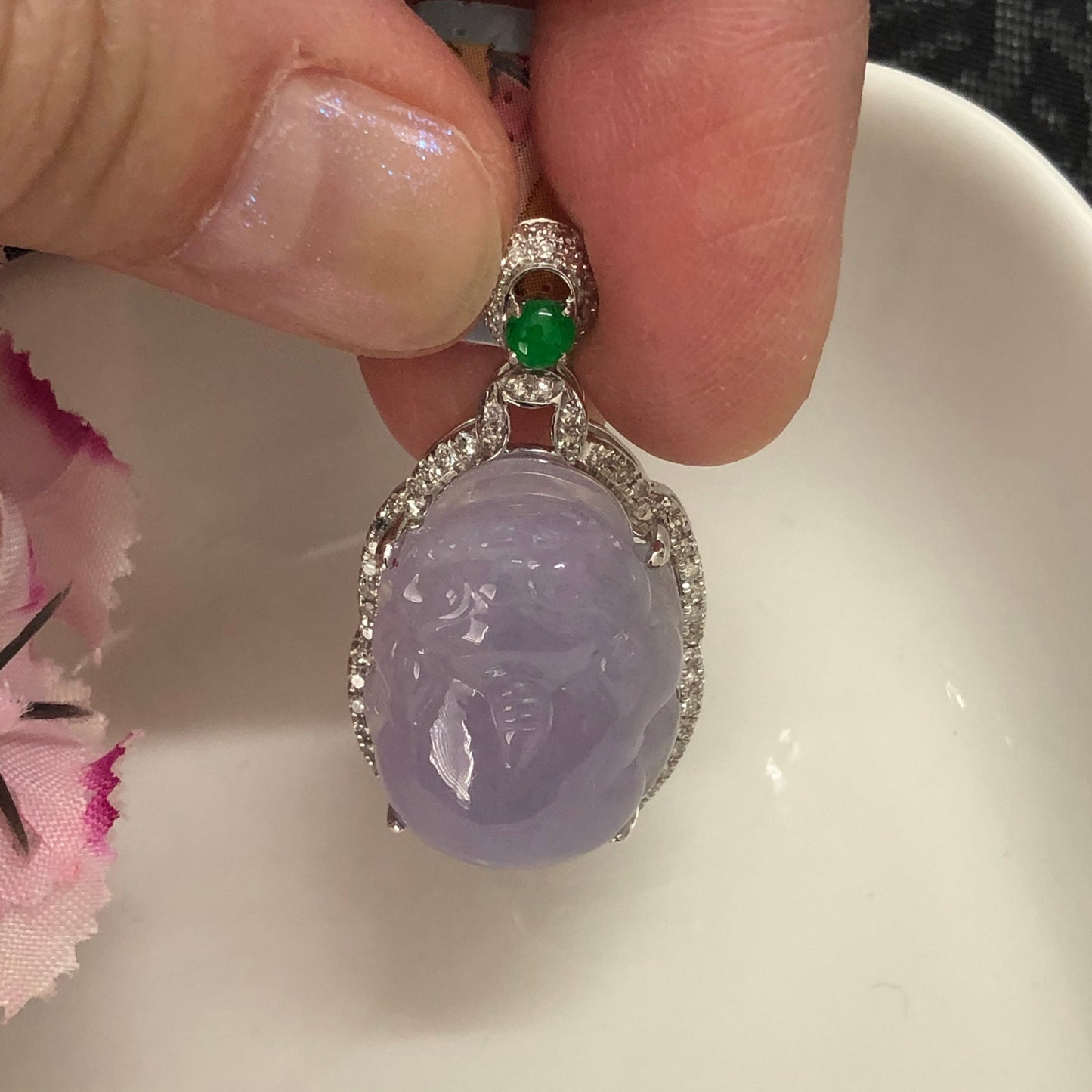 RESERVED: Grade A Icy Lavendar Jadeite Jade Carved Pixiu Pendant set on 18K white gold
