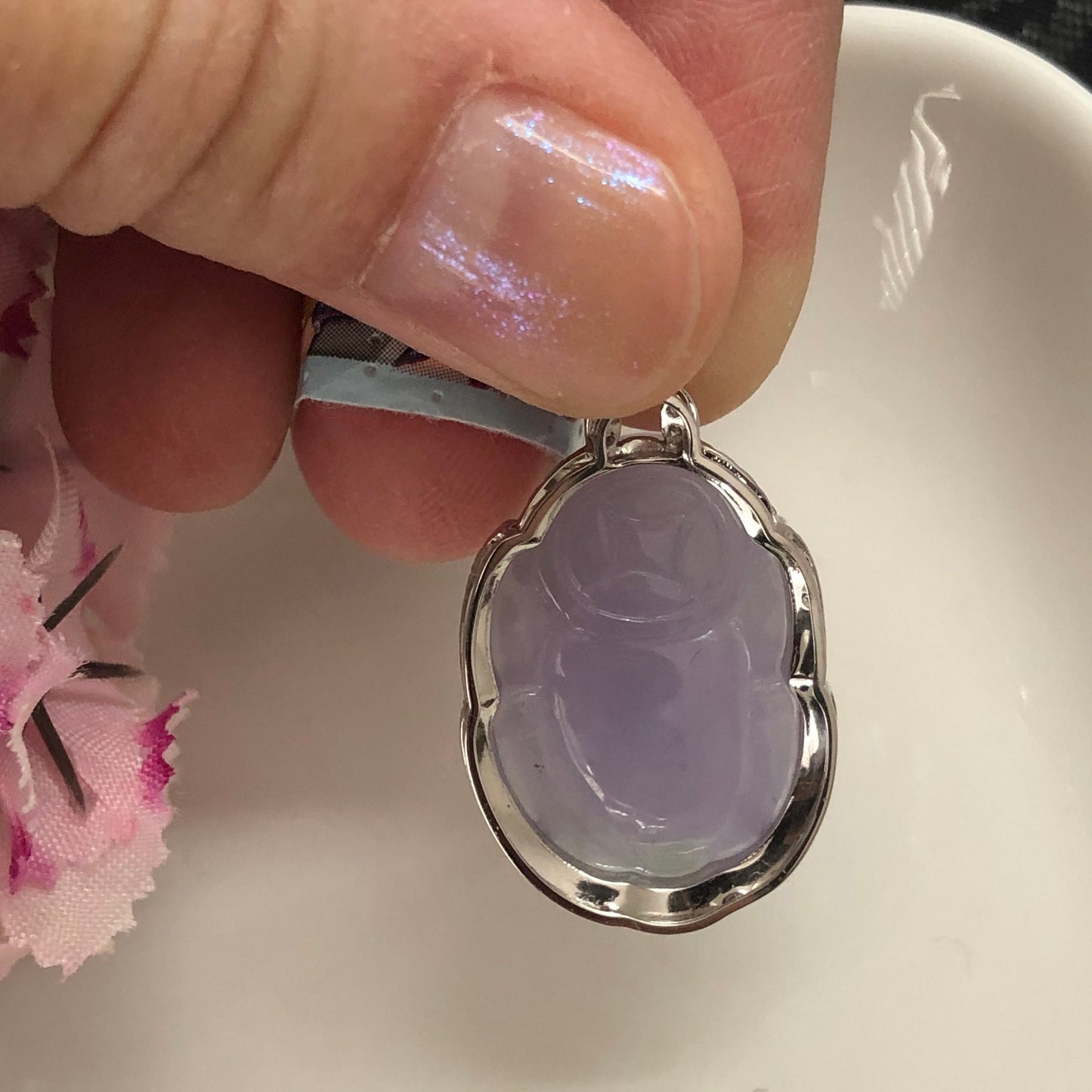 RESERVED: Grade A Icy Lavendar Jadeite Jade Carved Pixiu Pendant set on 18K white gold