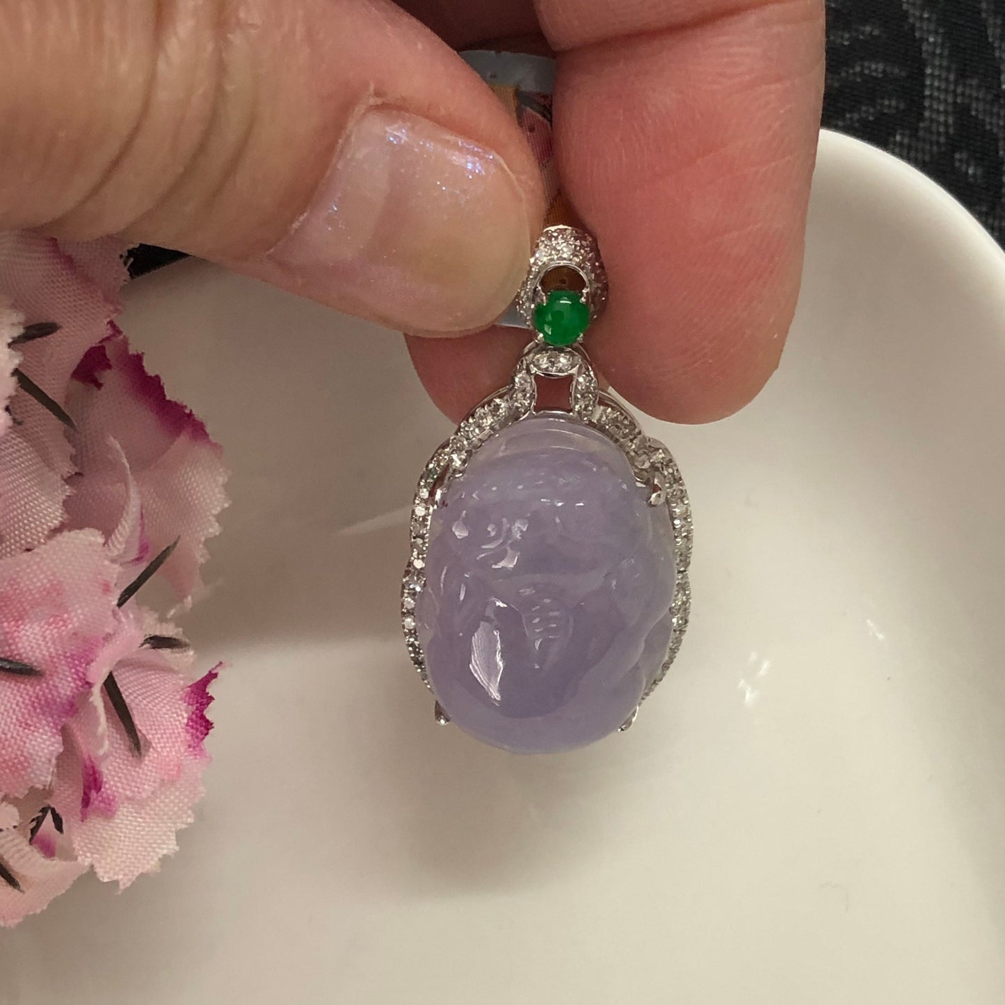 RESERVED: Grade A Icy Lavendar Jadeite Jade Carved Pixiu Pendant set on 18K white gold