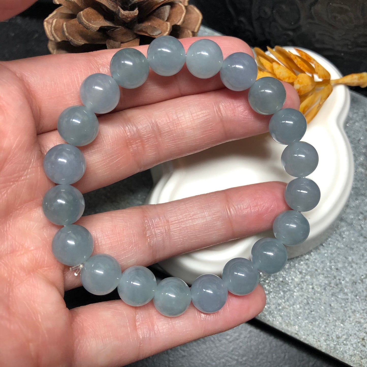 9.5 mm Grade A Icy Glutinous Sky Blue Jadeite Jade Round Bead Bracelet 20pcs. RARE