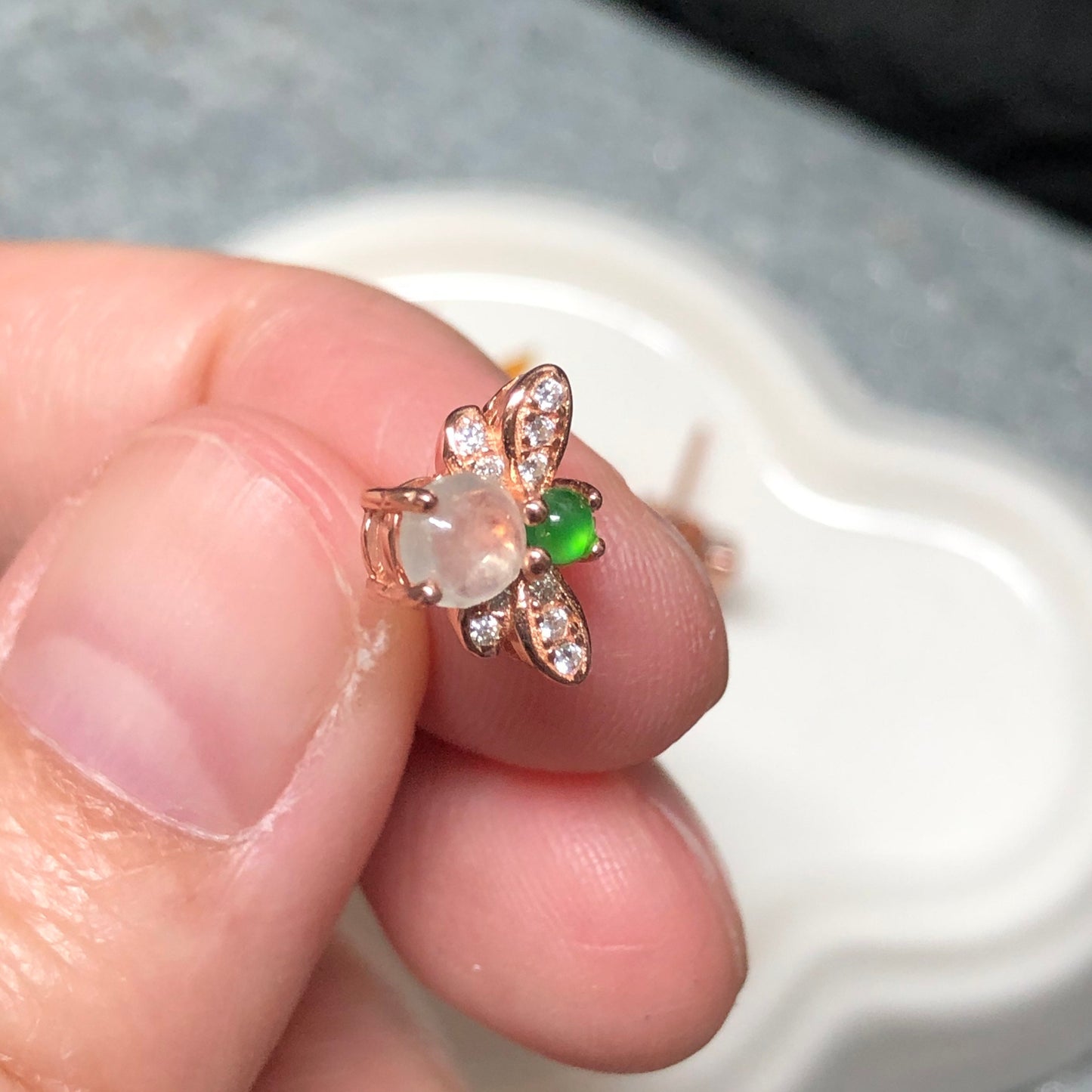 Grade A Jadeite Jade Mini Icy Green Cabochon Butterfly Earring 925 Sterling Gold Silver