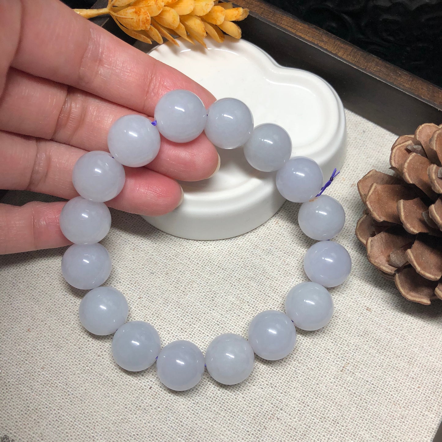 13.6 mm Grade A Big Icy Glutinous Light Lavender Jadeite Jade Bead Bracelet 16 pcs.