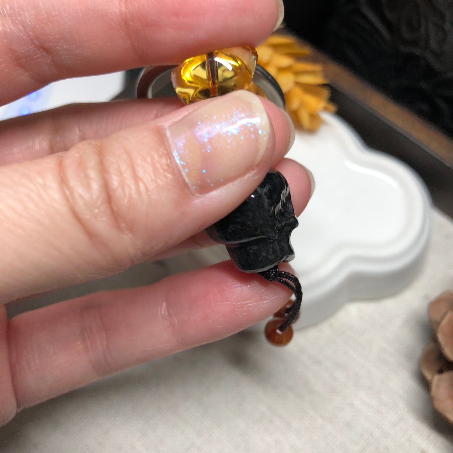 SALE: Grade A Jadeite Jade Cared Skeleton Skull Head Halloween Keychain Pendant Charm