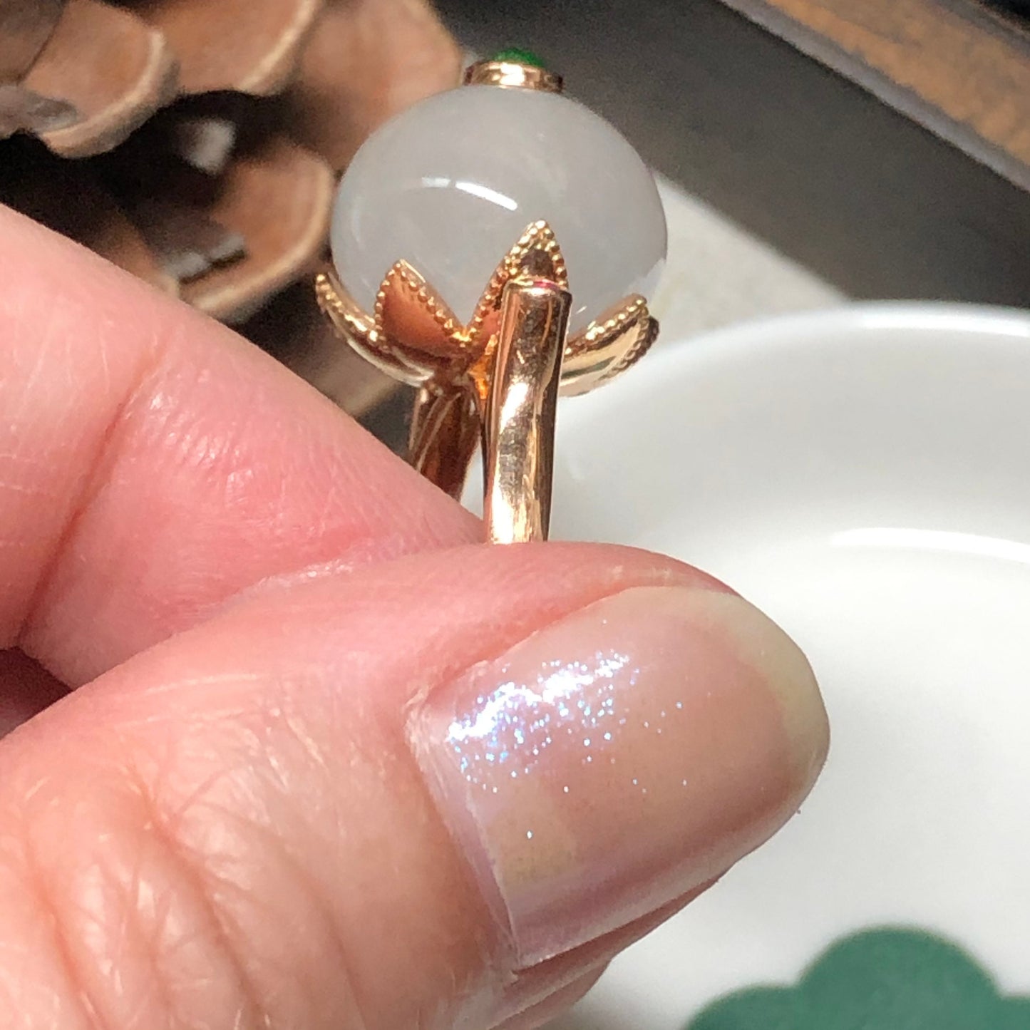 Certified Myanmar Grade A Jadeite Jade Pink Spherical Donut Ring 18K Rose Gold 13.1 mm