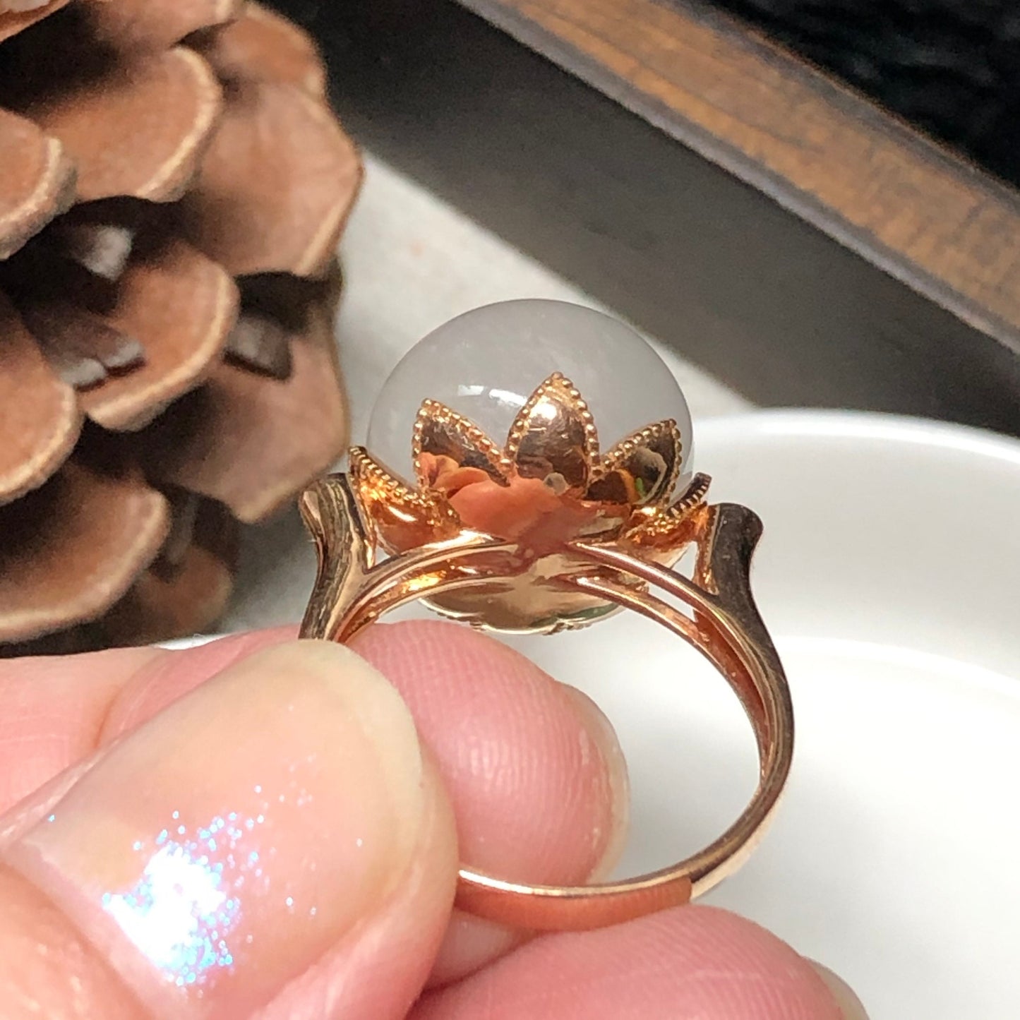 Certified Myanmar Grade A Jadeite Jade Pink Spherical Donut Ring 18K Rose Gold 13.1 mm