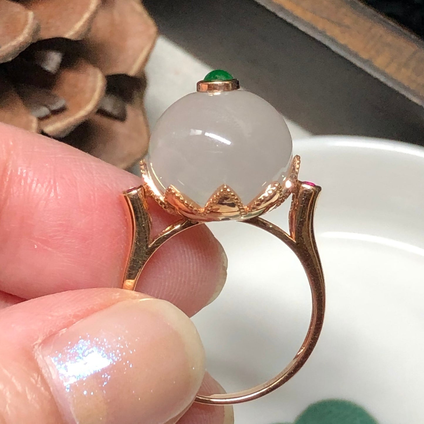 Certified Myanmar Grade A Jadeite Jade Pink Spherical Donut Ring 18K Rose Gold 13.1 mm