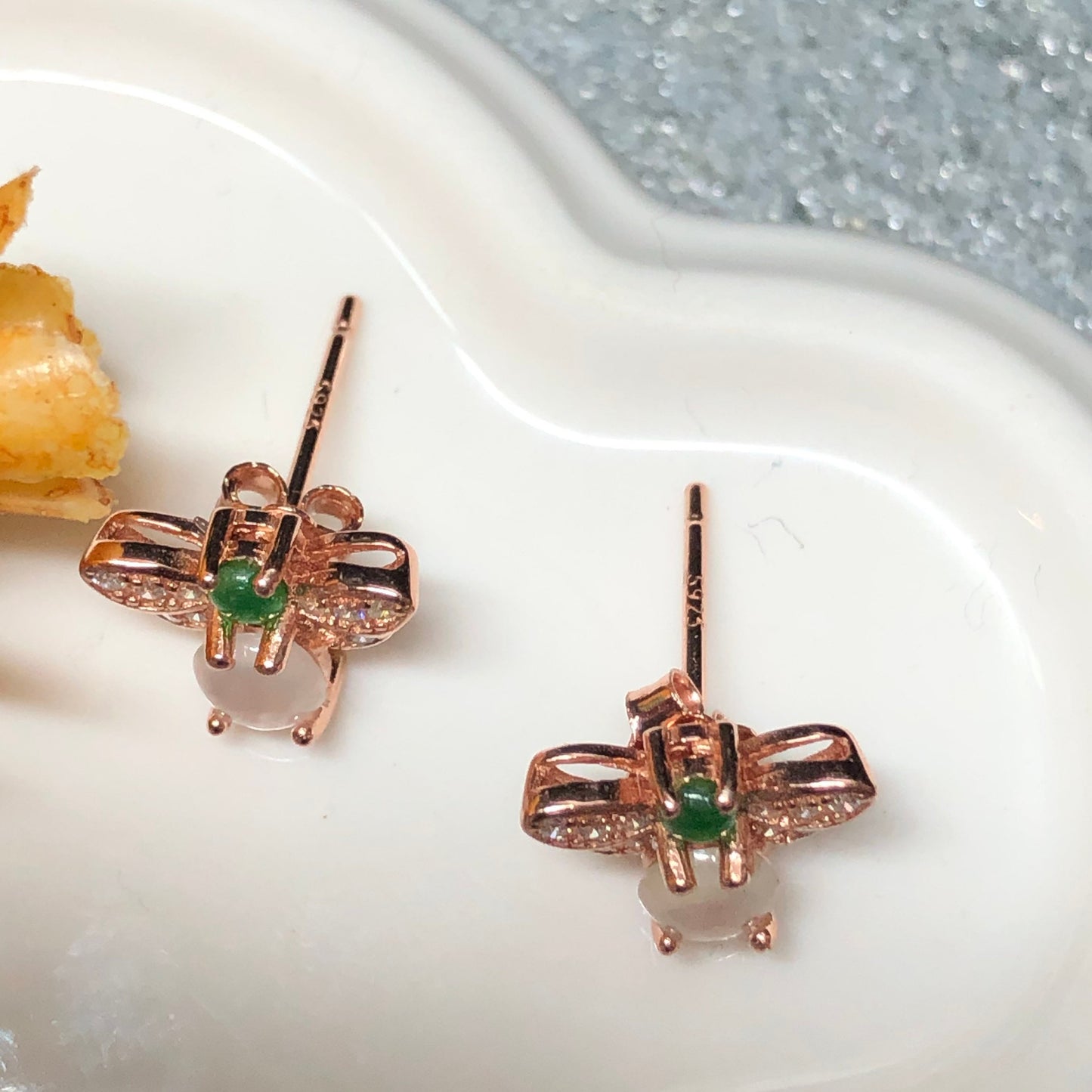 Grade A Jadeite Jade Mini Icy Green Cabochon Butterfly Earring 925 Sterling Gold Silver