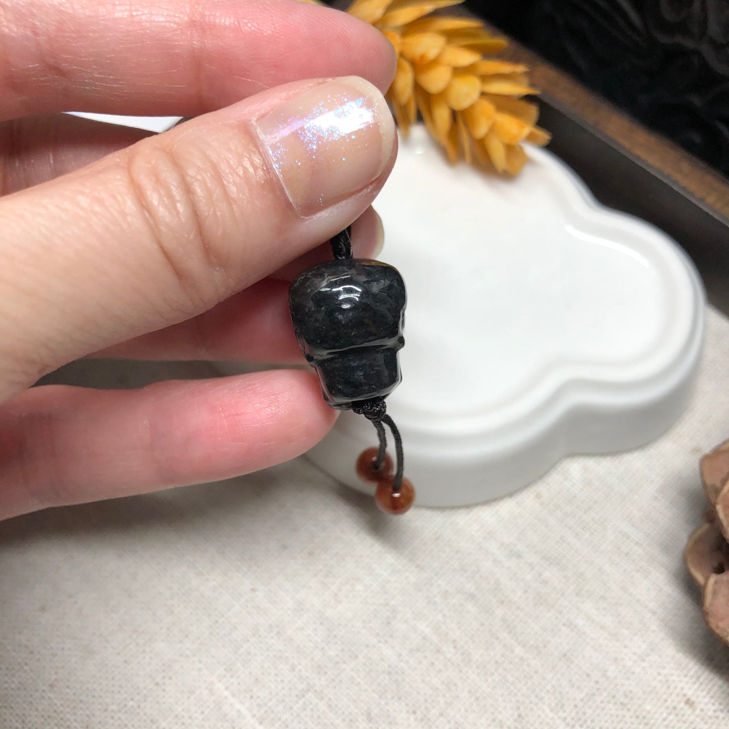 SALE: Grade A Jadeite Jade Cared Skeleton Skull Head Halloween Keychain Pendant Charm