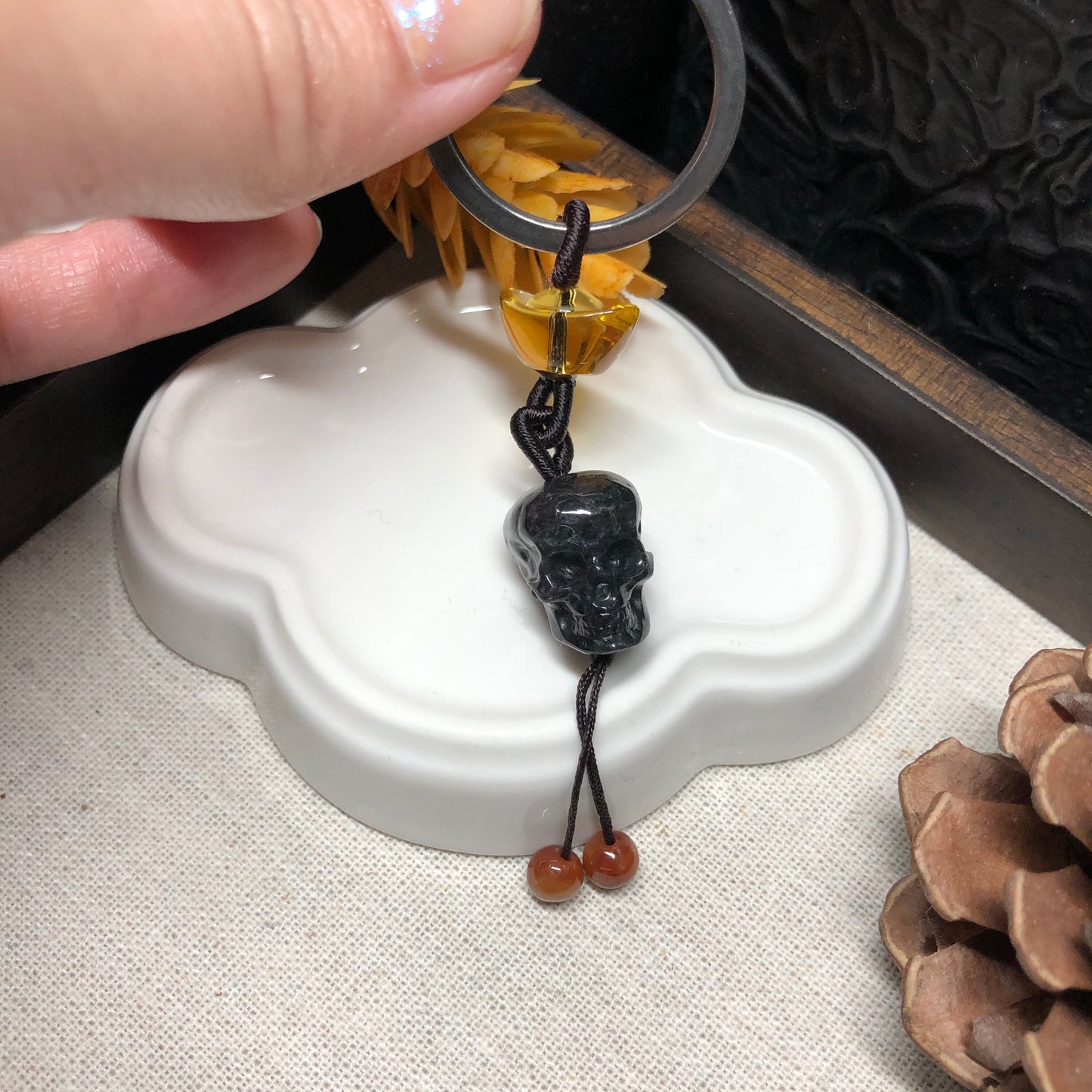 SALE: Grade A Jadeite Jade Cared Skeleton Skull Head Halloween Keychain Pendant Charm