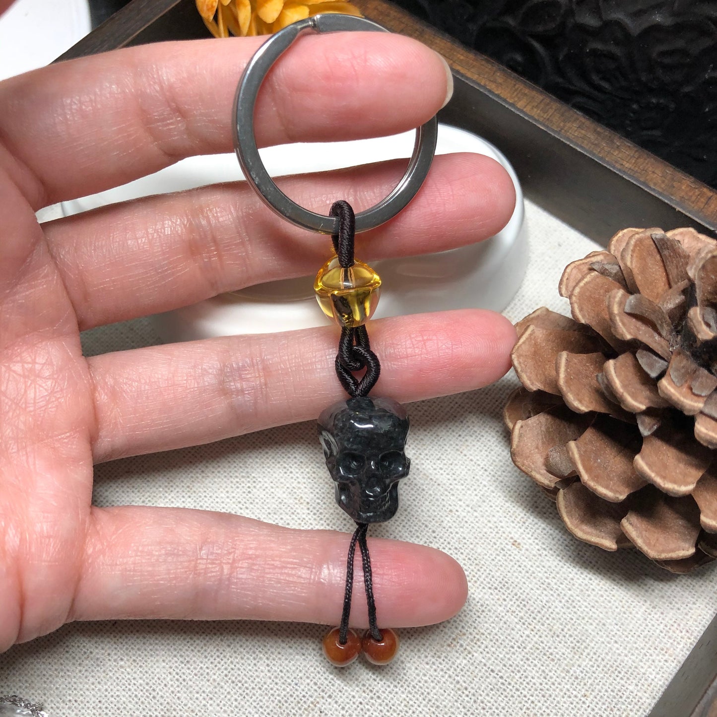 SALE: Grade A Jadeite Jade Cared Skeleton Skull Head Halloween Keychain Pendant Charm