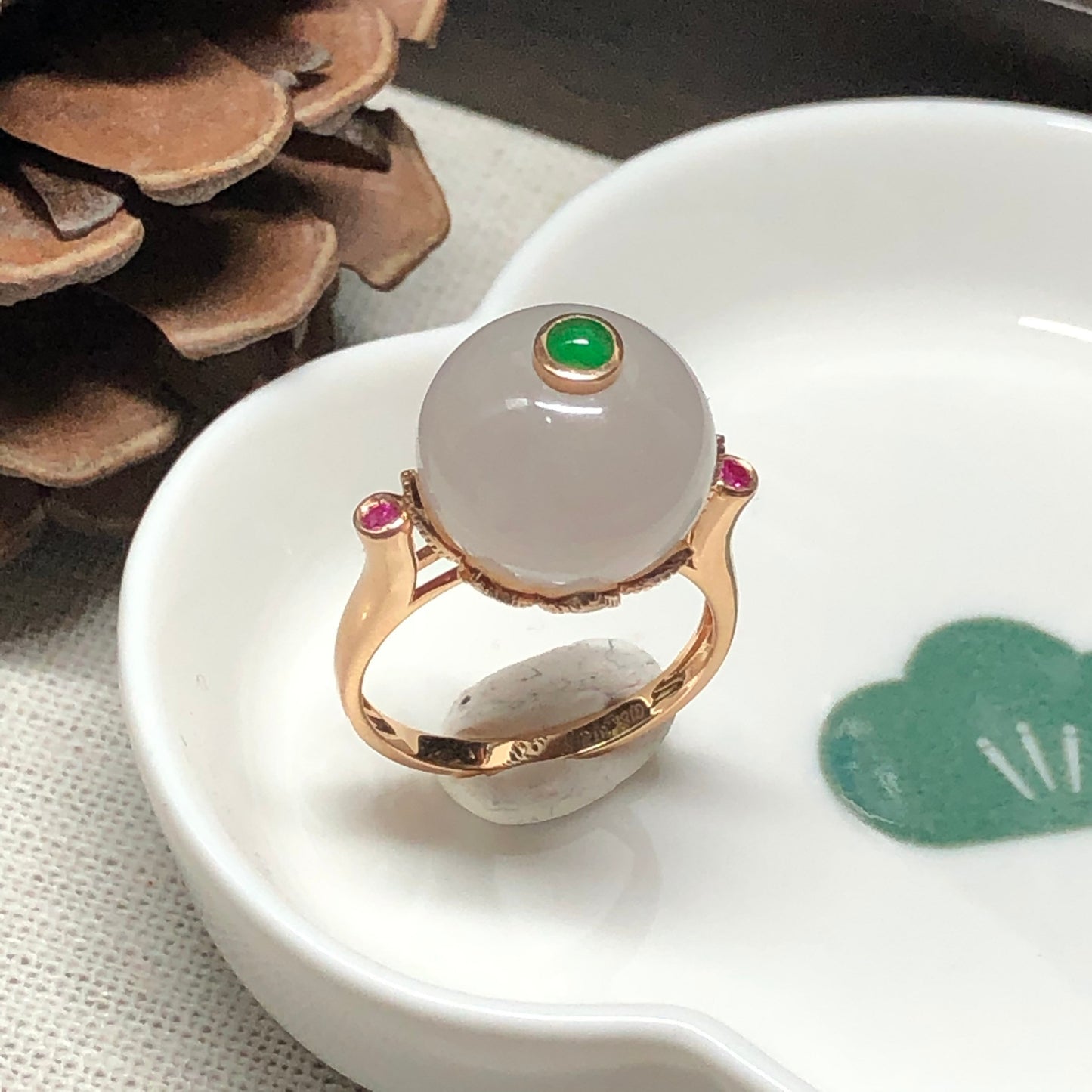 Certified Myanmar Grade A Jadeite Jade Pink Spherical Donut Ring 18K Rose Gold 13.1 mm
