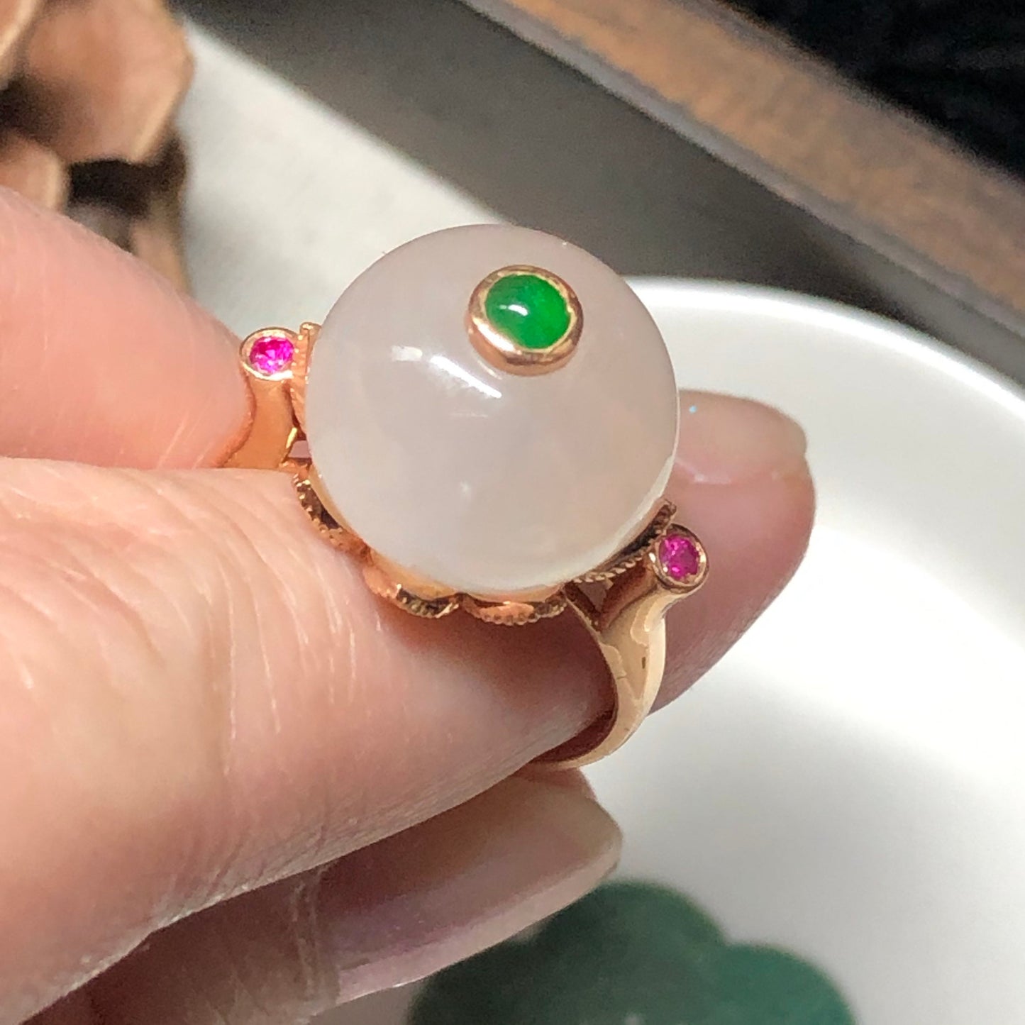 Certified Myanmar Grade A Jadeite Jade Pink Spherical Donut Ring 18K Rose Gold 13.1 mm