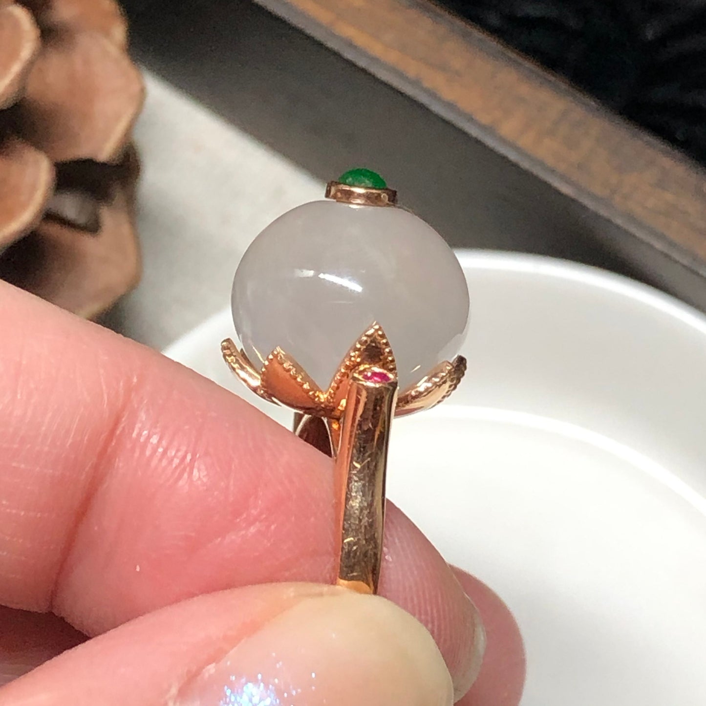 Certified Myanmar Grade A Jadeite Jade Pink Spherical Donut Ring 18K Rose Gold 13.1 mm