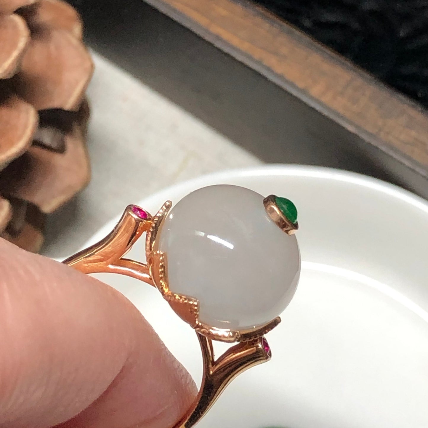 Certified Myanmar Grade A Jadeite Jade Pink Spherical Donut Ring 18K Rose Gold 13.1 mm