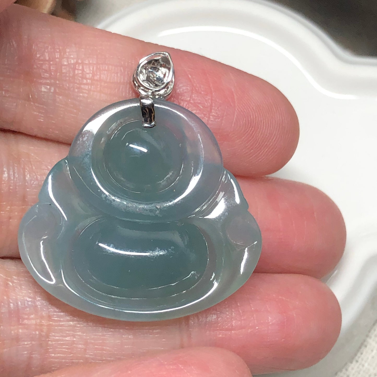 Certified Myanmar Jadeite Jade Carved Icy Fine Sky Blue Buddha Pendant 18K white gold buckle - Unique Design