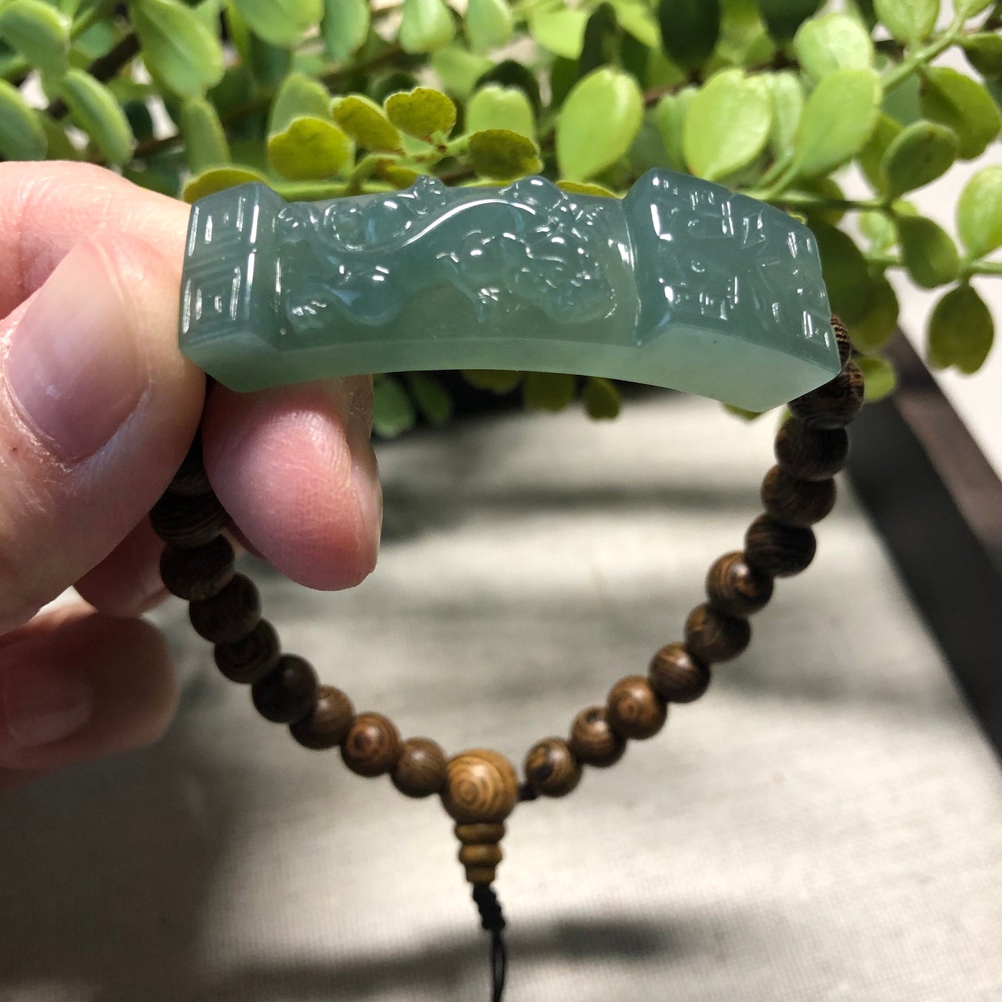 45.1 mm Grade A Icy Blue Green carved pixiu with Asian carvings wooden bead Bracelet
