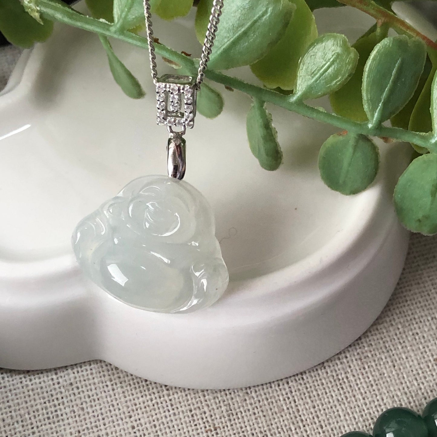 SALE 17 mm Grade A Carved Icy Happy Buddha Pendant W 925S Sterling Silver Buckle Diamonds