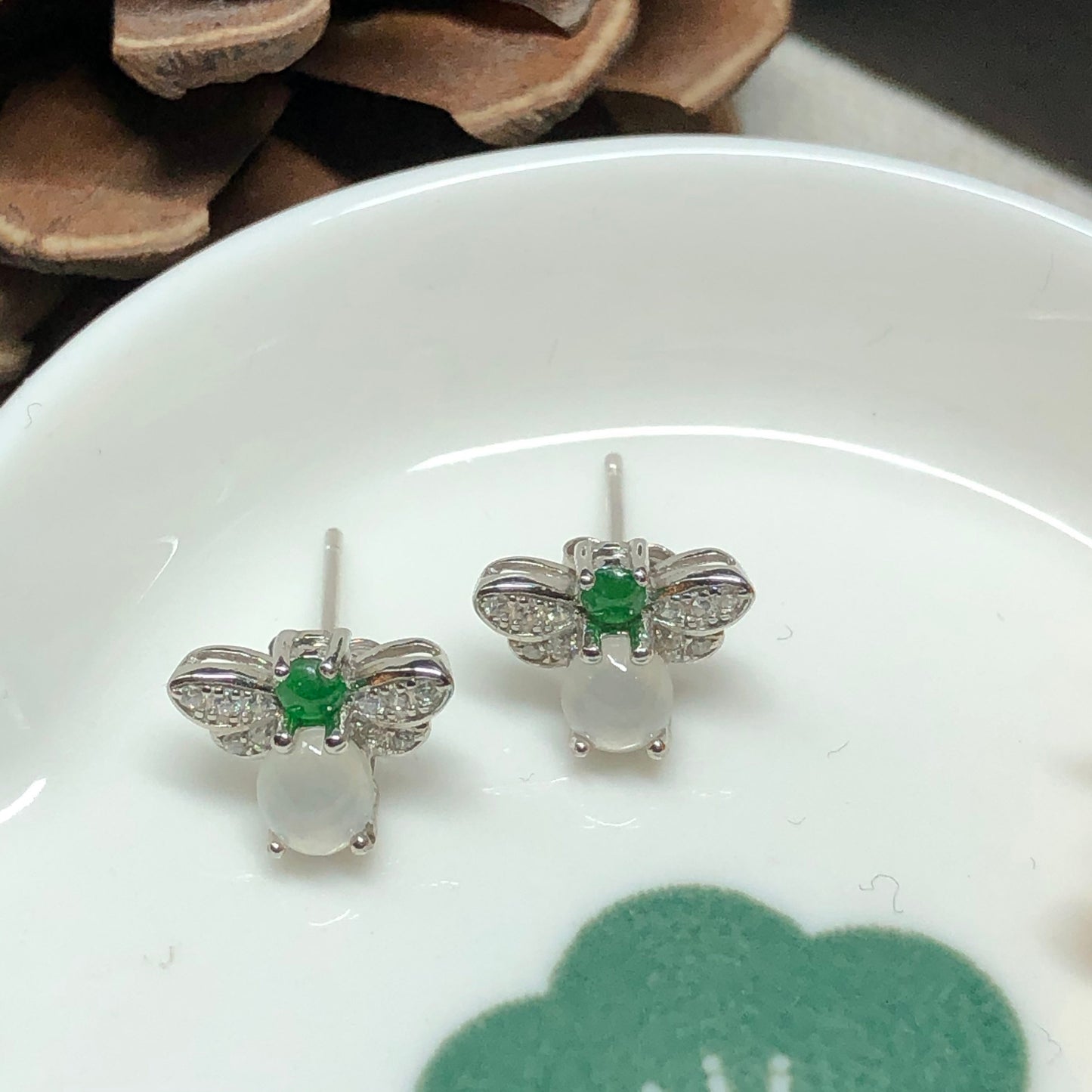 Grade A Jadeite Jade Mini Icy Green Cabochon Butterfly Earring 925 Sterling Silver