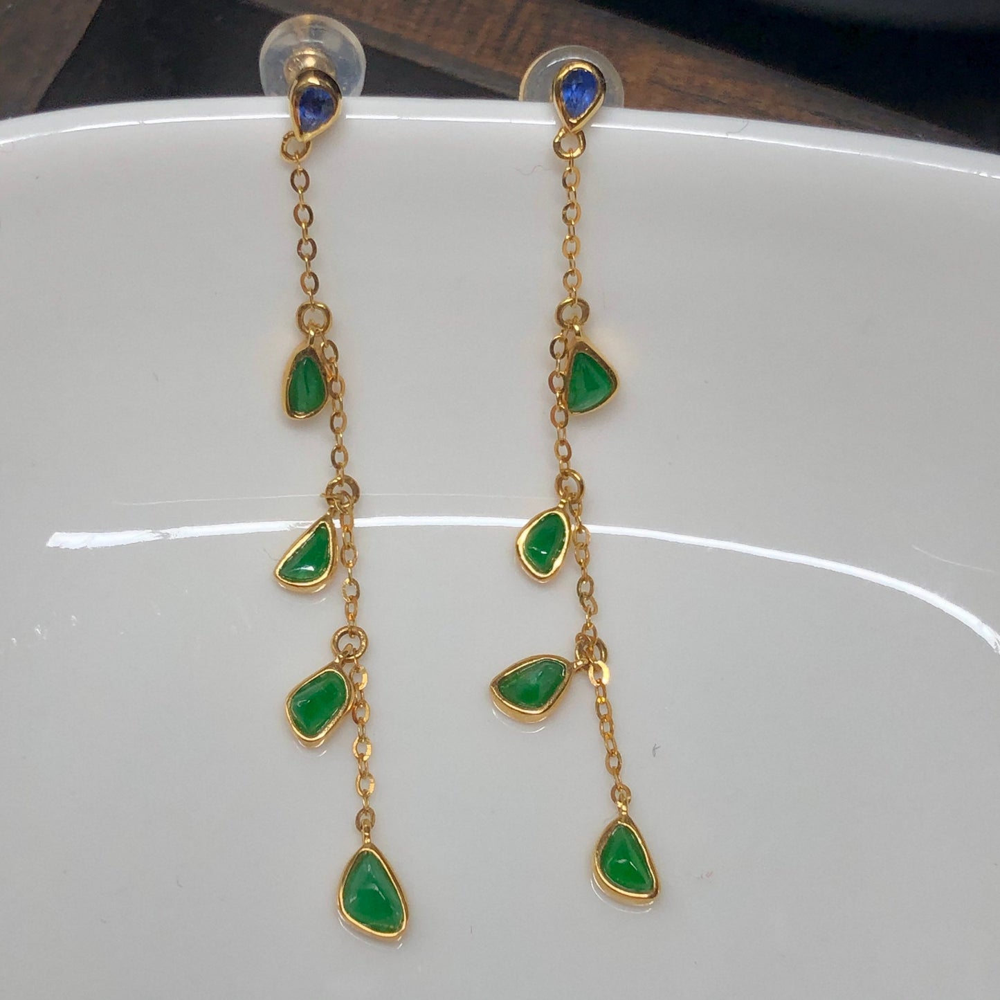 Dainty 18K Gold Grade A Jadeite Jade Icy Imperial Green Water Drop Tiny Sapphire Stone Stud Dainty Dangle Earring