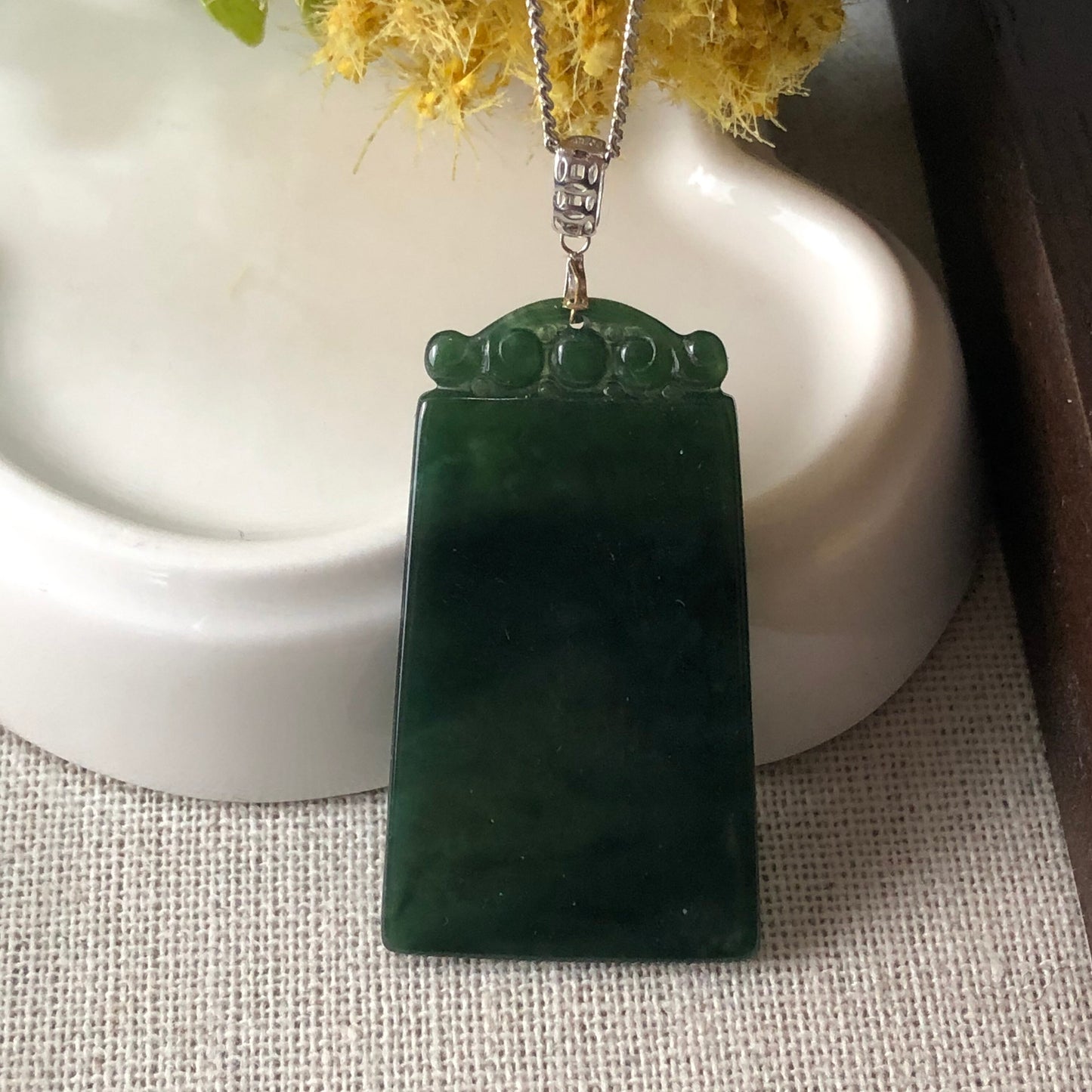 SALE 40.3 mm Grade A Icy Dark Green Carved Jadeite Jade Plaque with 18K white gold bail