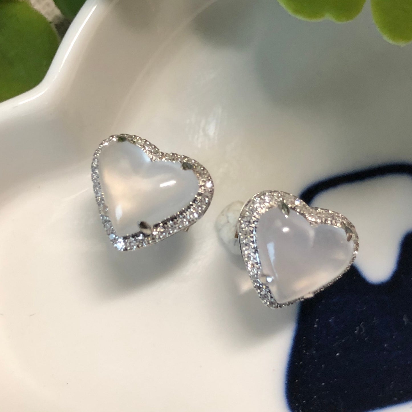 RESERVED: Grade A 3D Icy Glow Jadeite Jade Heart 18K White Gold Earring Diamonds