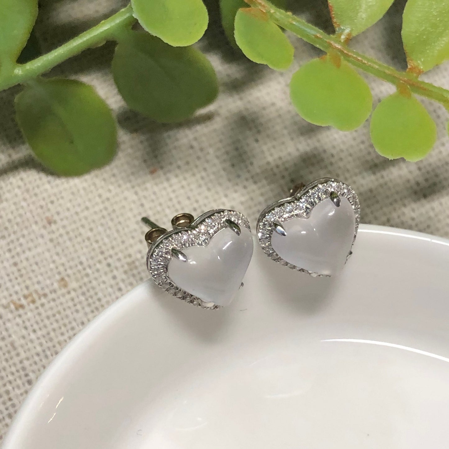 RESERVED: Grade A 3D Icy Glow Jadeite Jade Heart 18K White Gold Earring Diamonds