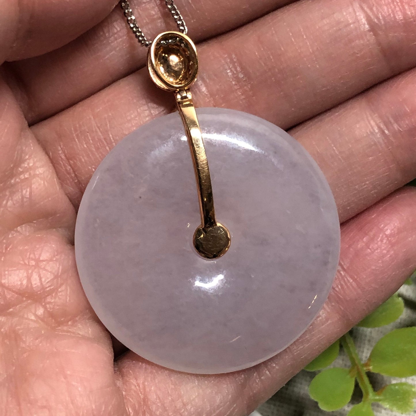 SALE: Grade A Jade Jadeite Moist Icy Light Pink Peace Donut set on 18K White Gold with Cabochon Bail Diamonds