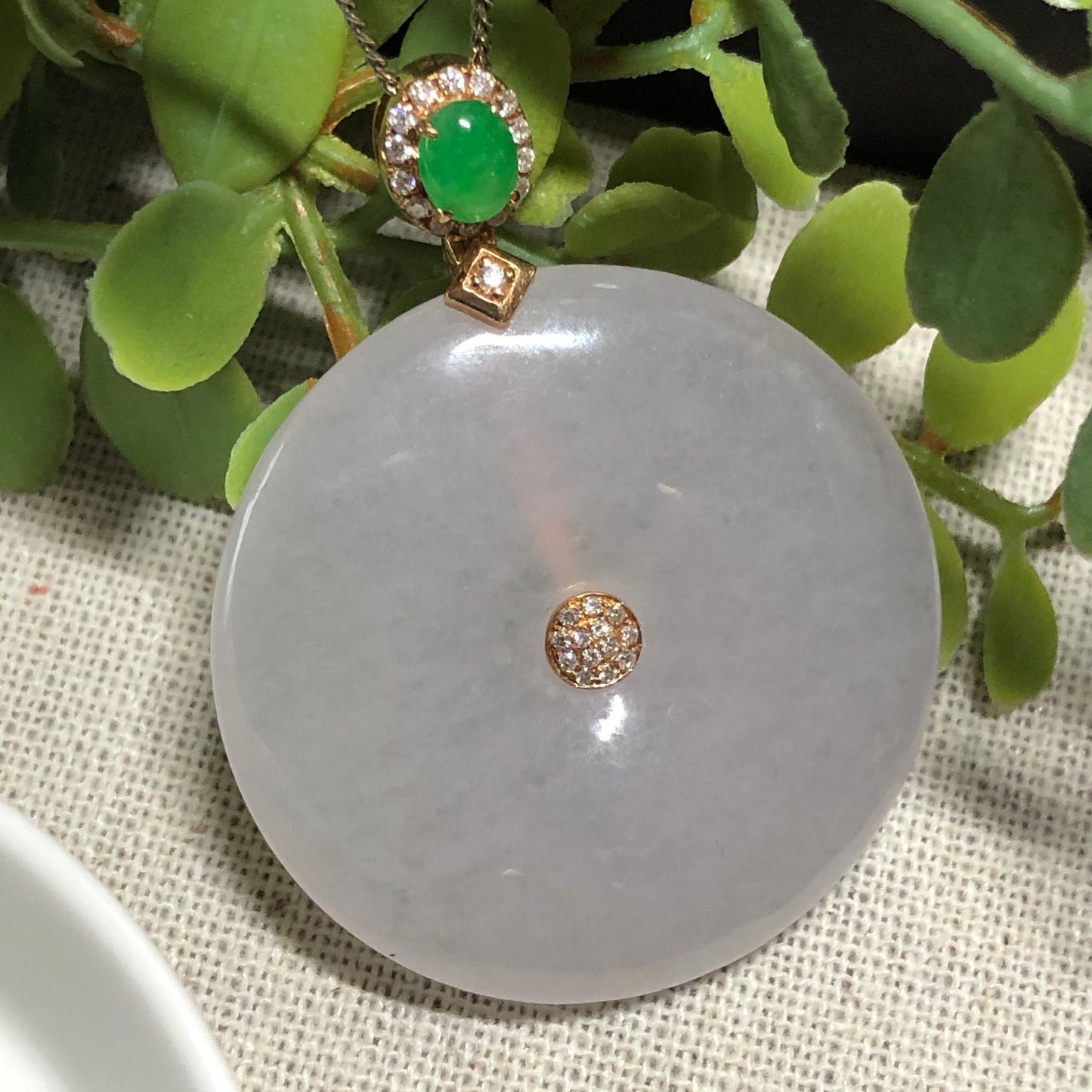 SALE: Grade A Jade Jadeite Moist Icy Light Pink Peace Donut set on 18K White Gold with Cabochon Bail Diamonds
