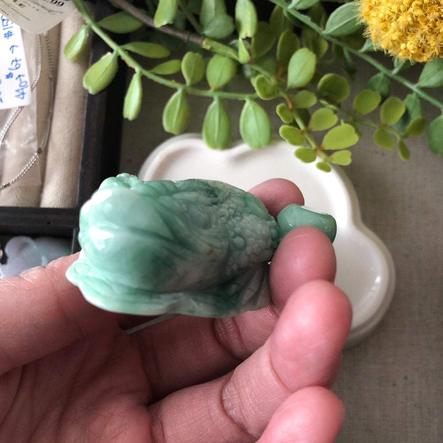 Grade A Earthy Green Carved 3 Legged Toad Jadeite Jade Display Figurine with Wood Stand