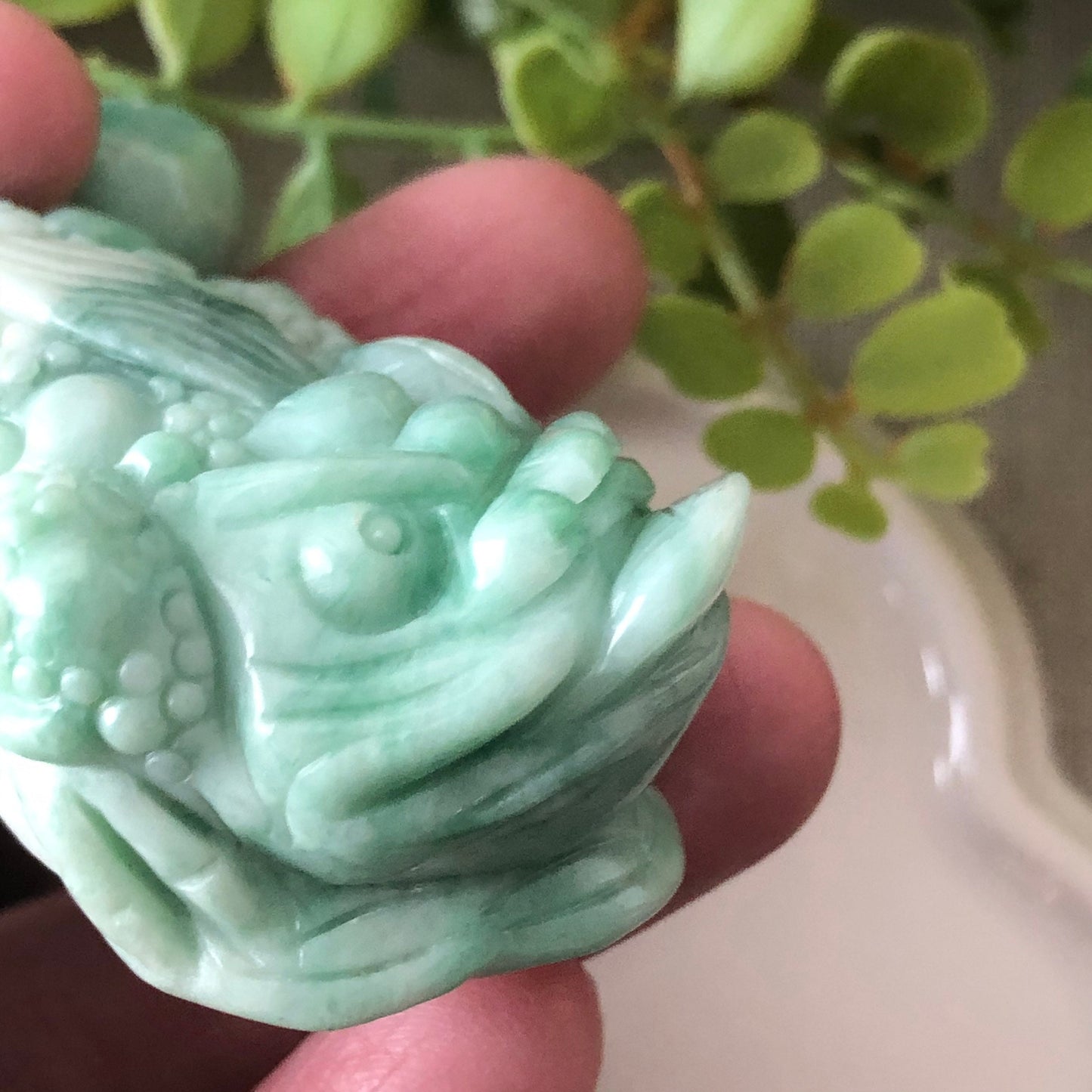 Grade A Earthy Green Carved 3 Legged Toad Jadeite Jade Display Figurine with Wood Stand