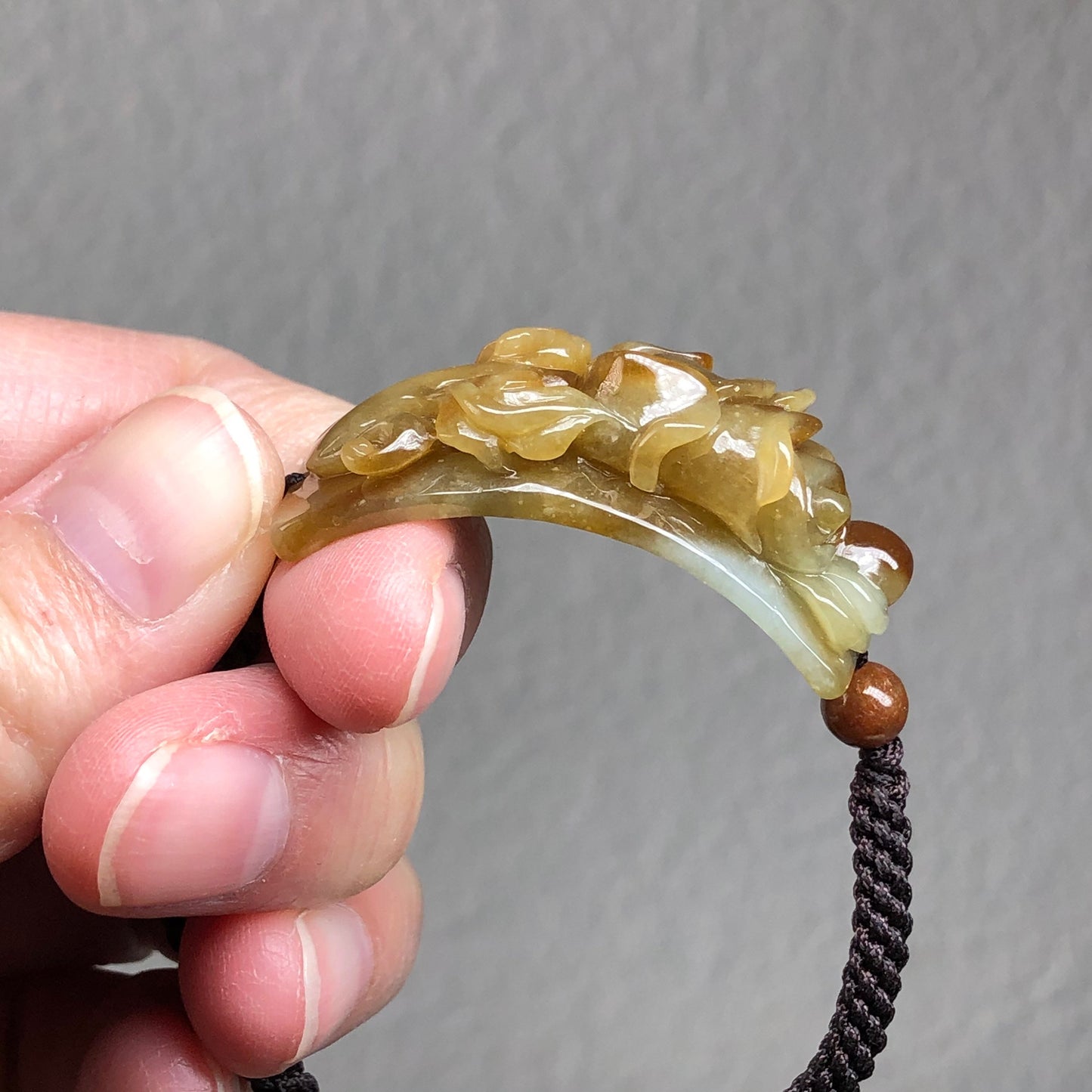 Grade A Moist Yellow Brown Carved Flower Jade Jadeite Bracelet RARE