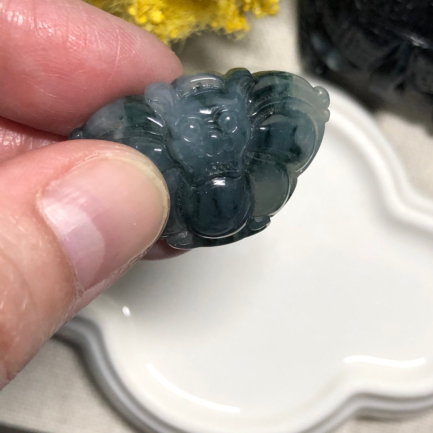 SALE: 28.5 mm Grade A Icy Dark Green Wuji Carved Bat Jadeite Jade Pendant