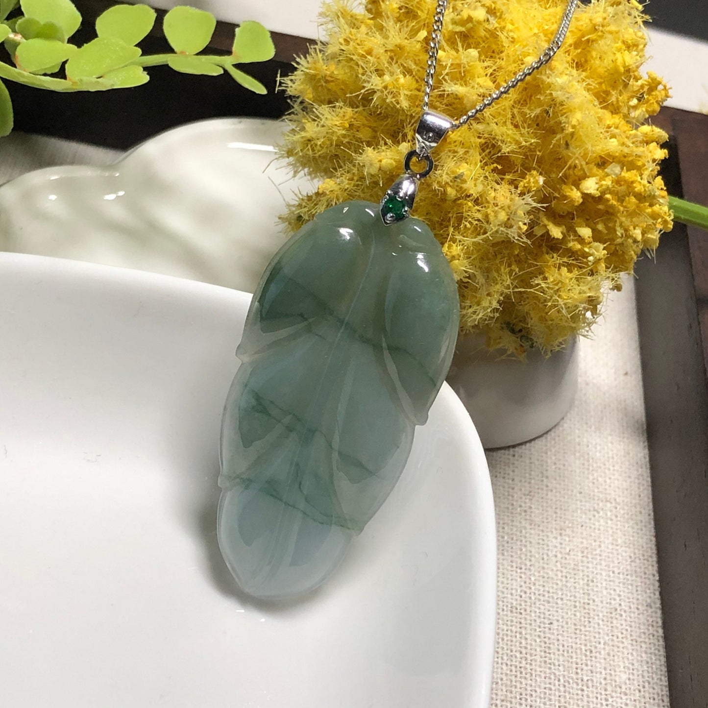SALE 49.3 mm Grade A Green Float Gradient Lines Jadeite Jade Big Leaf with 925 sterling silver buckle